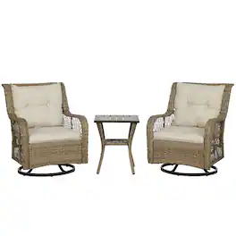 Outsunny - 3 Piece Patio Furniture Set, Rattan Wicker Bistro Set with Swivel Glider Chairs, 2-Tier Storage Table and Cushions - Beige