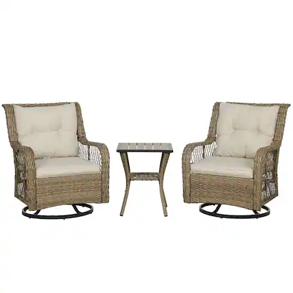 Front. Outsunny - 3 Piece Patio Furniture Set, Rattan Wicker Bistro Set with Swivel Glider Chairs, 2-Tier Storage Table and Cushions - Beige.
