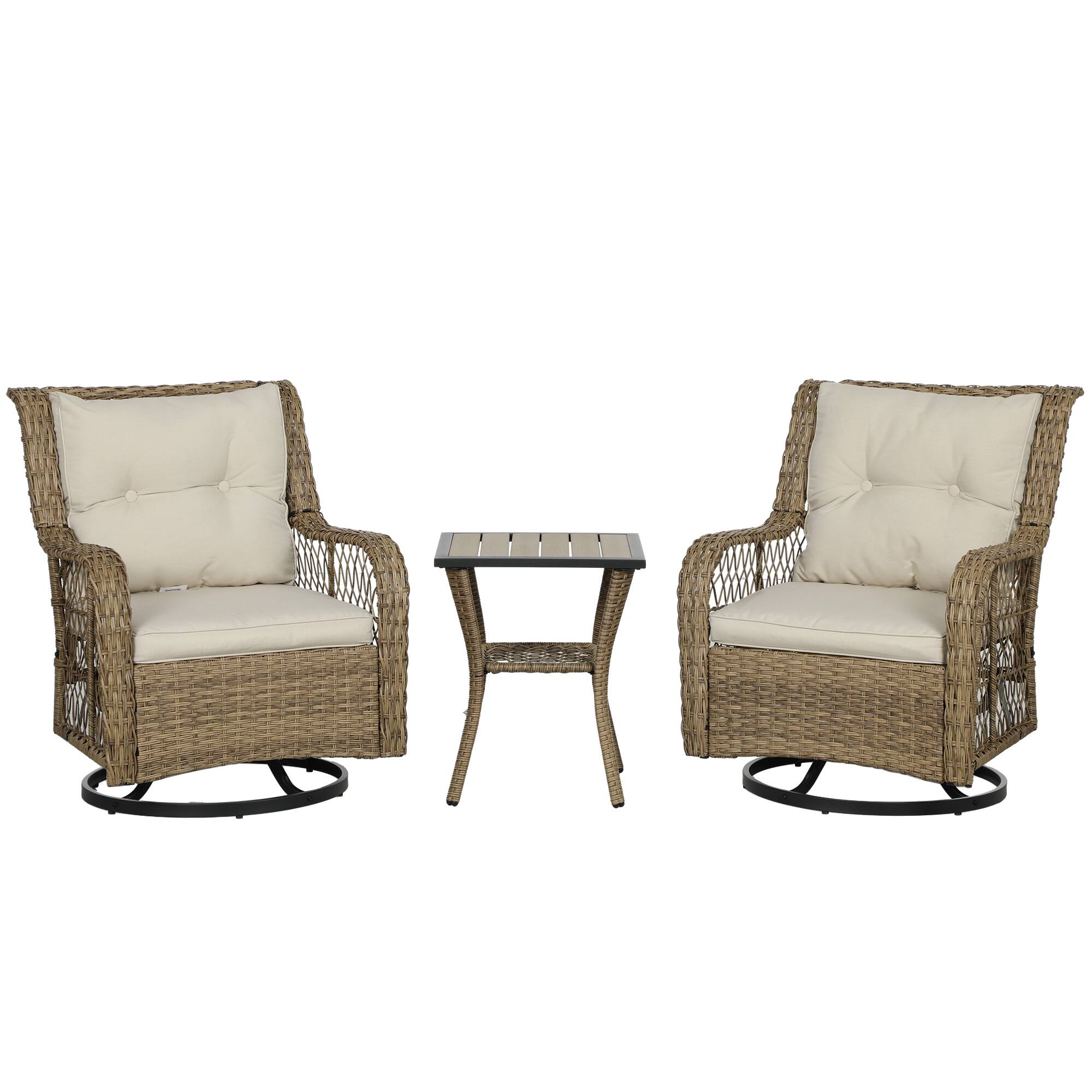 Front. Outsunny - 3 Piece Patio Furniture Set, Rattan Wicker Bistro Set with Swivel Glider Chairs, 2-Tier Storage Table and Cushions - Beige.