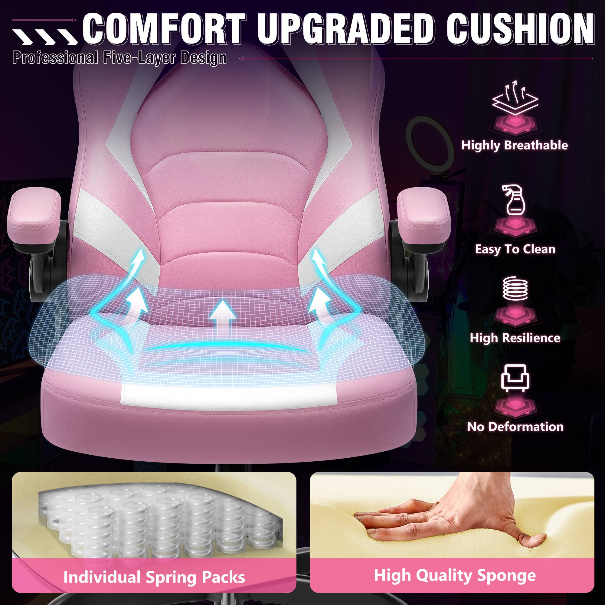 COMFORT UPGRADED CUSHION  
Professional Five-Layer Design  

- Highly Breathable  
- Easy To Clean  
- High Resilience  
- No Deformation  
- Individual Spring Packs  
- High Quality Sponge
