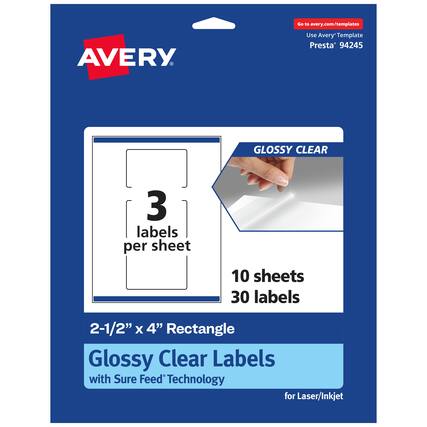 Go to avery.com/templates
AVERY
Use Avery Template Presta® 94245
GLOSSY CLEAR
3 labels per sheet
10 sheets 30 labels
2-1/2" x 4" Rectangle
Glossy Clear Labels
with Sure Feed® Technology
for Laser/Inkjet