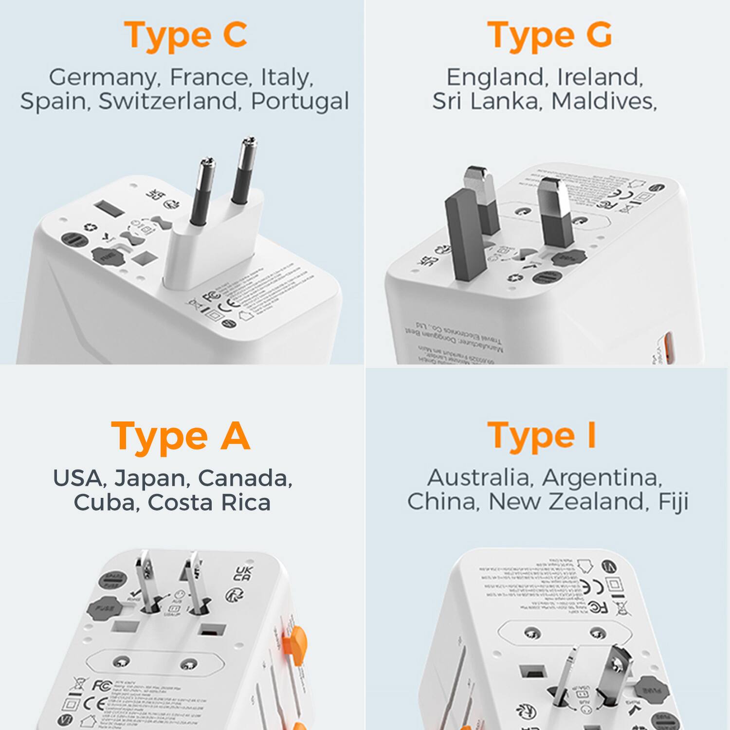 Type C  
Germany, France, Italy, Spain, Switzerland, Portugal  

Type G  
England, Ireland, Sri Lanka, Maldives  

Type A  
USA, Japan, Canada, Cuba, Costa Rica  

Type I  
Australia, Argentina, China, New Zealand, Fiji