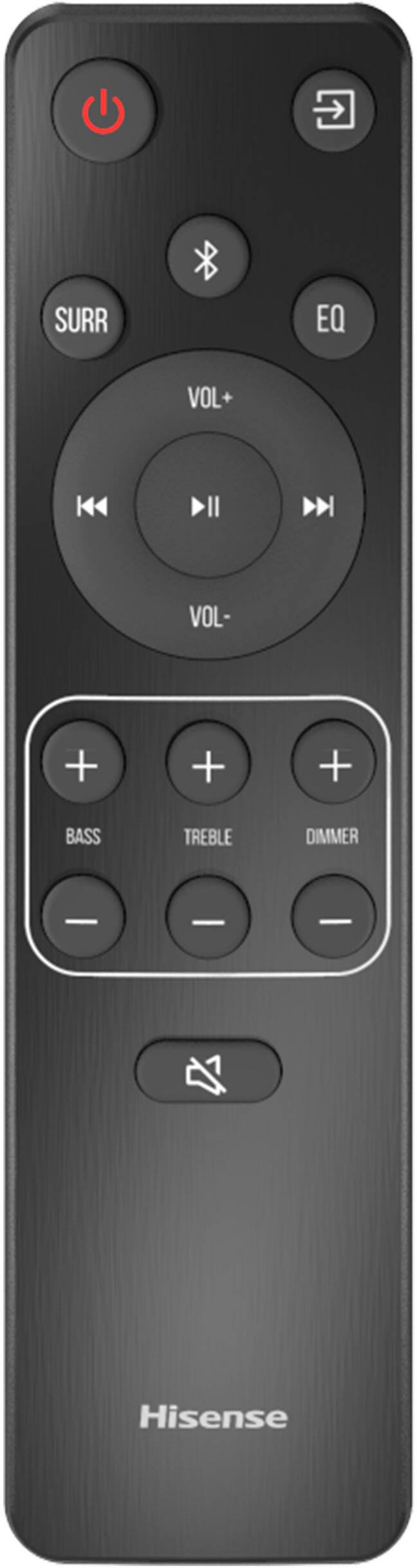 Hisense remote control with buttons for volume, bass, treble, and dimmer.
