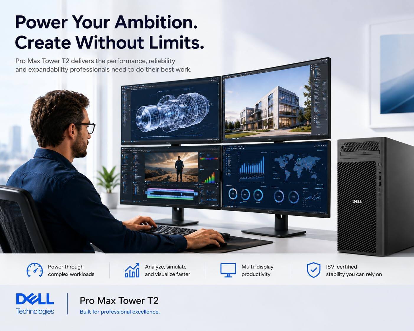 Power Your Ambition.  
Create Without Limits.  

Pro Max Tower T2 delivers the performance, reliability and expandability professionals need to do their best work.  

DELL  
Power through complex workloads  
Analyze, simulate and visualize faster  
Multi-display productivity  
ISV-certified stability you can rely on  

DELL Technologies  
Pro Max Tower T2  
Built for professional excellence.