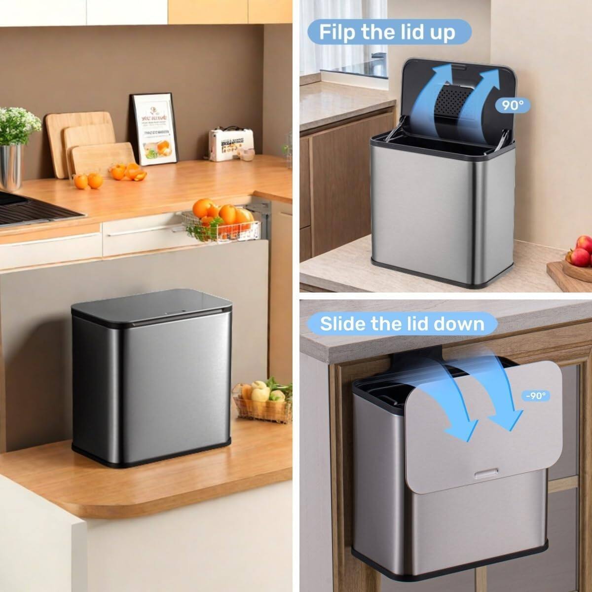 Flip the lid up  
90°  

Slide the lid down  
-90°