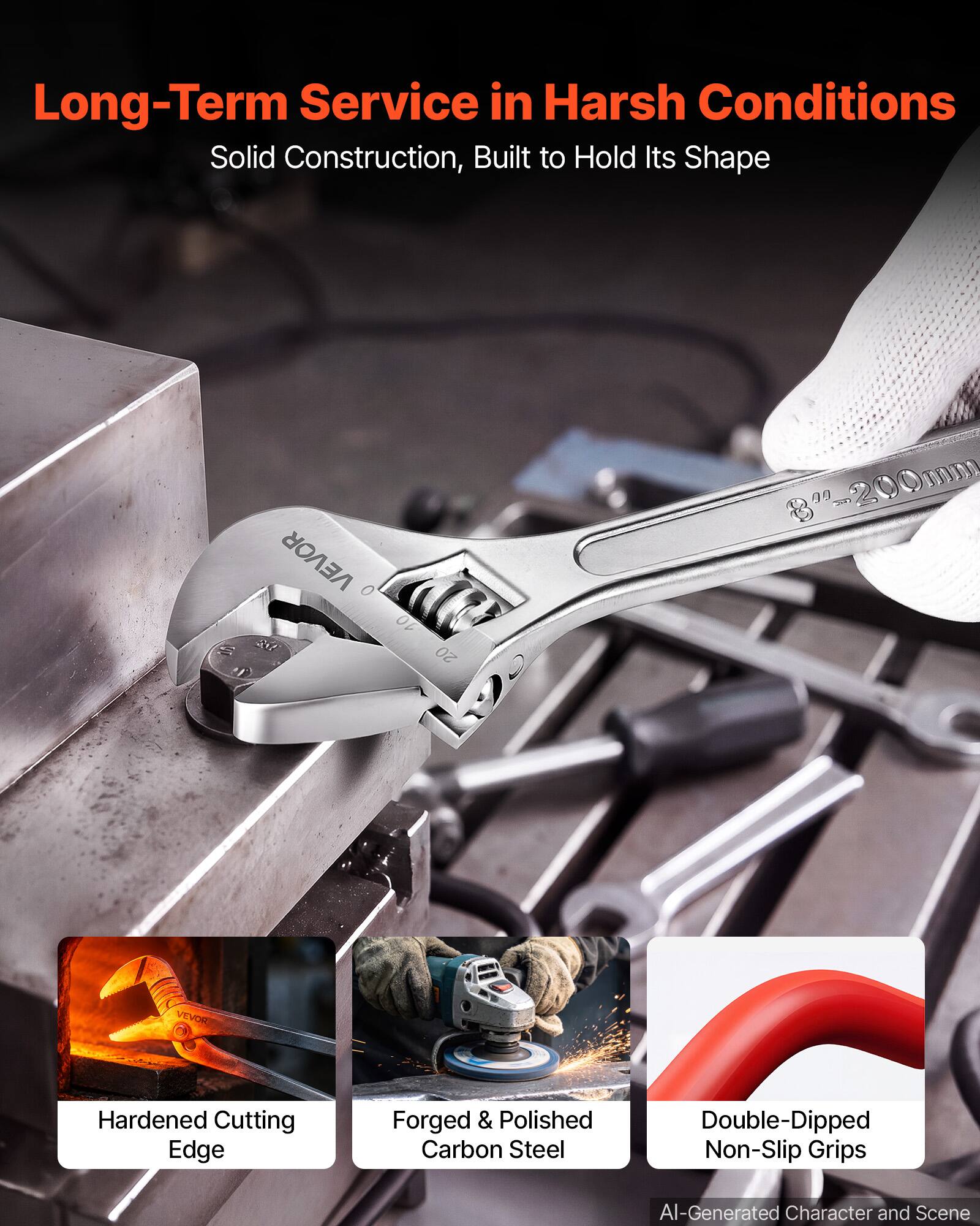Long-Term Service in Harsh Conditions  
Solid Construction, Built to Hold Its Shape  

VEVOR  
8" - 200mm  

Hardened Cutting Edge  
Forged & Polished Carbon Steel  
Double-Dipped Non-Slip Grips  

AI-Generated Character and Scene