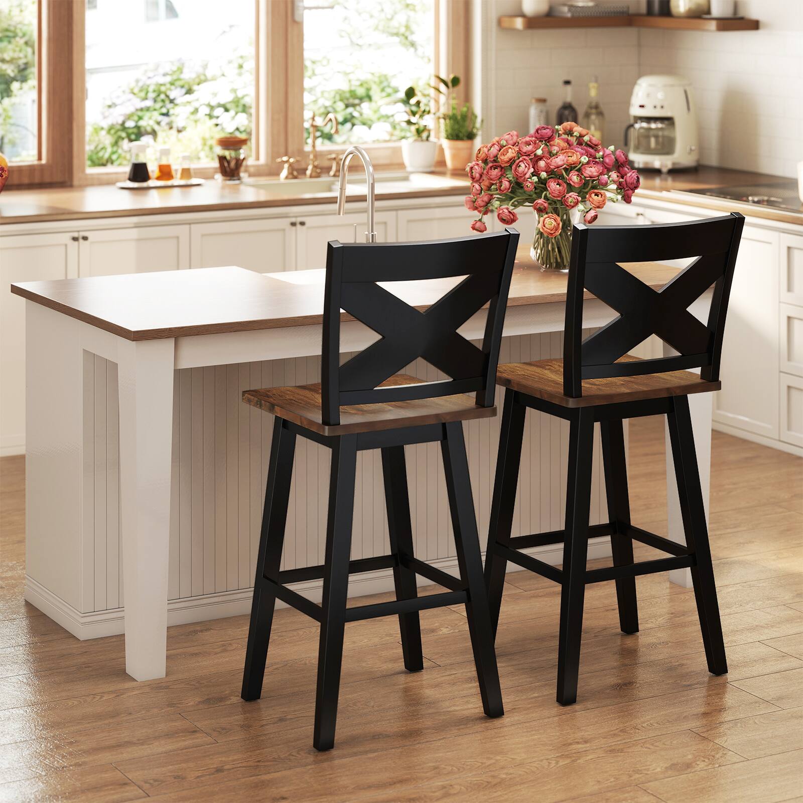 Alt View 3. Gymax - Gymax 29'' Swivel Barstools Set of 2 w/Backrest Large Seat Footrest for Kitchen Island Black & Walnut - Black.
