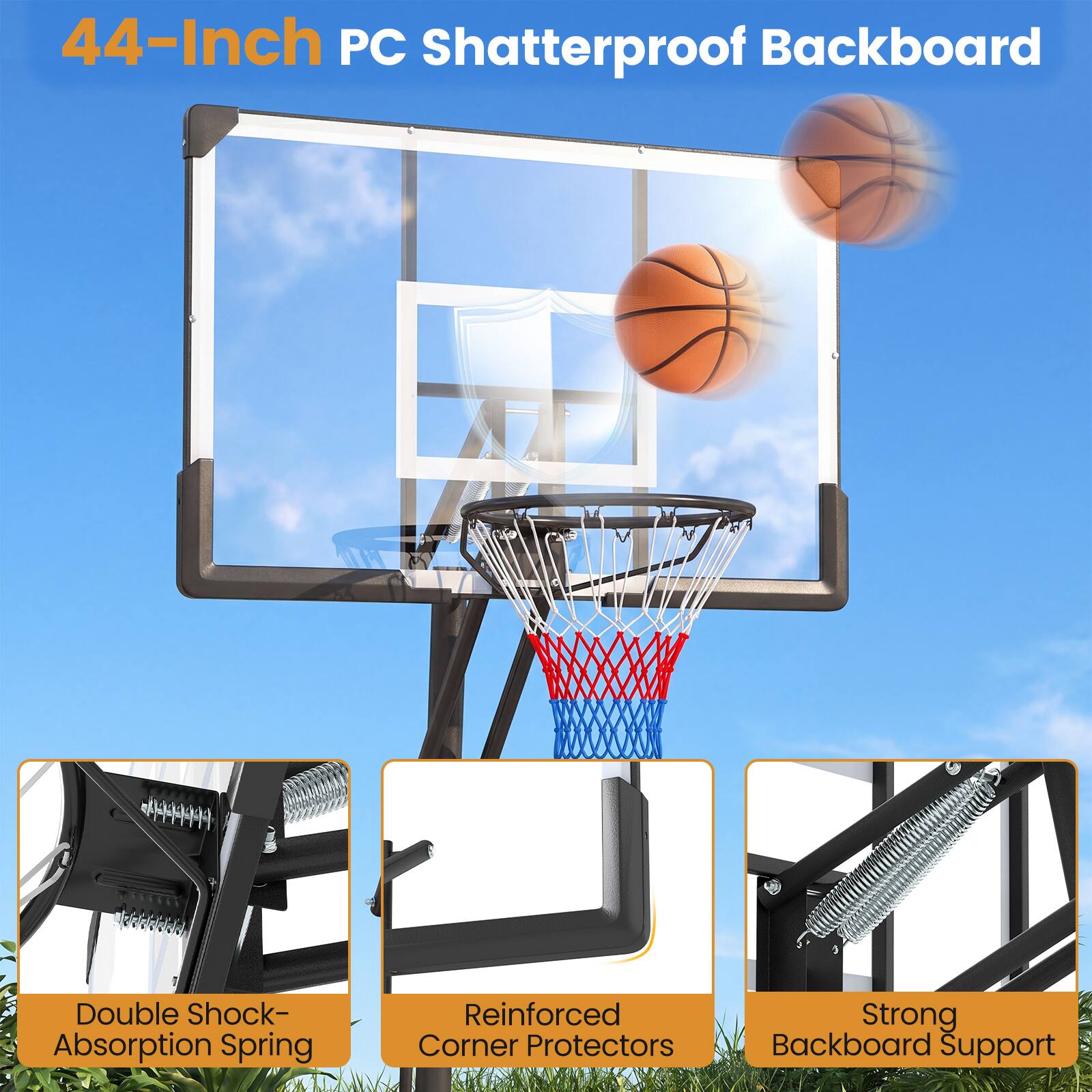 44-Inch PC Shatterproof Backboard

- Double Shock-Absorption Spring
- Reinforced Corner Protectors
- Strong Backboard Support