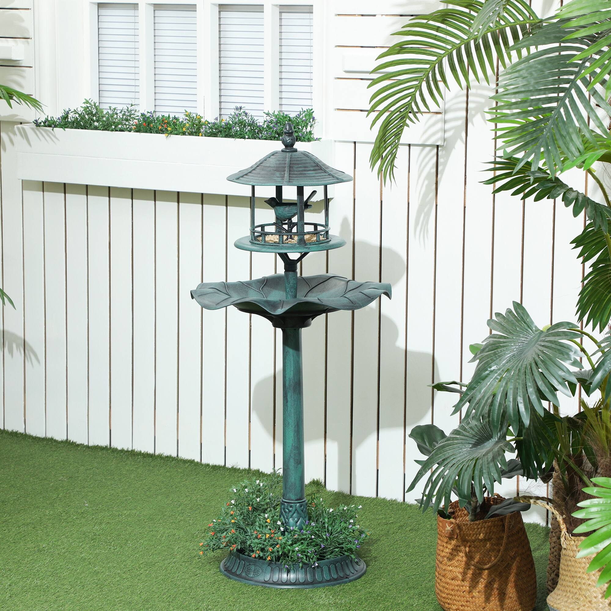Alt View 1. Outsunny - in 1 Garden Bird Bath Bowl Pedestal with Bird Feeder, Large Water Basin - Green.