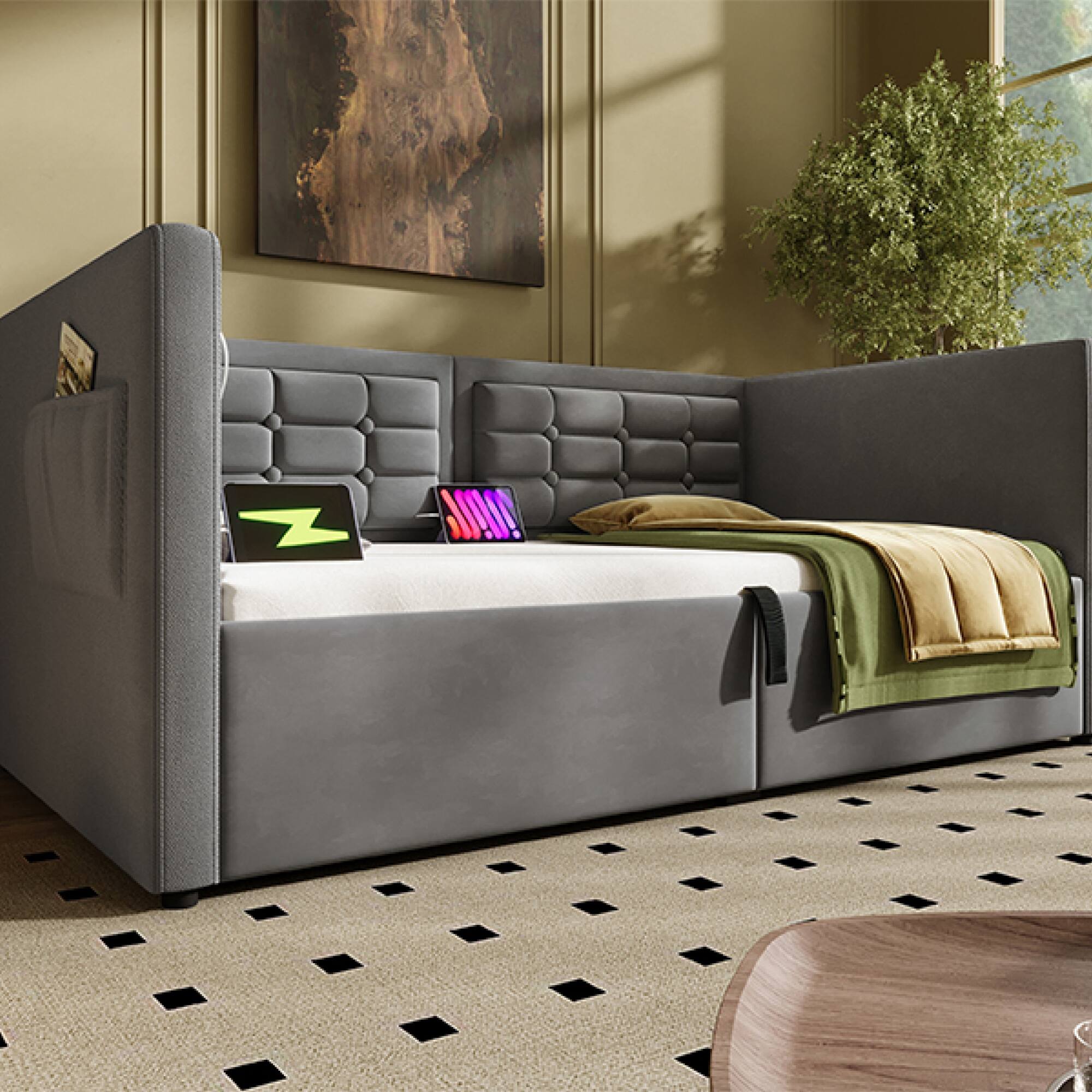 Alt View 4. GOODSILO - Upholstered Twin Size Daybed with Hydraulic Storage and USB Charging, Tufted Sofa Back Design - Gray.
