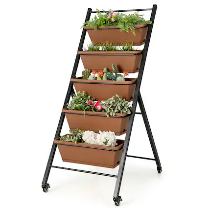 Front. Costway - 5-Tier Vertical Raised Garden Bed Elevated Planter with Wheels & Container Boxes - Brown.