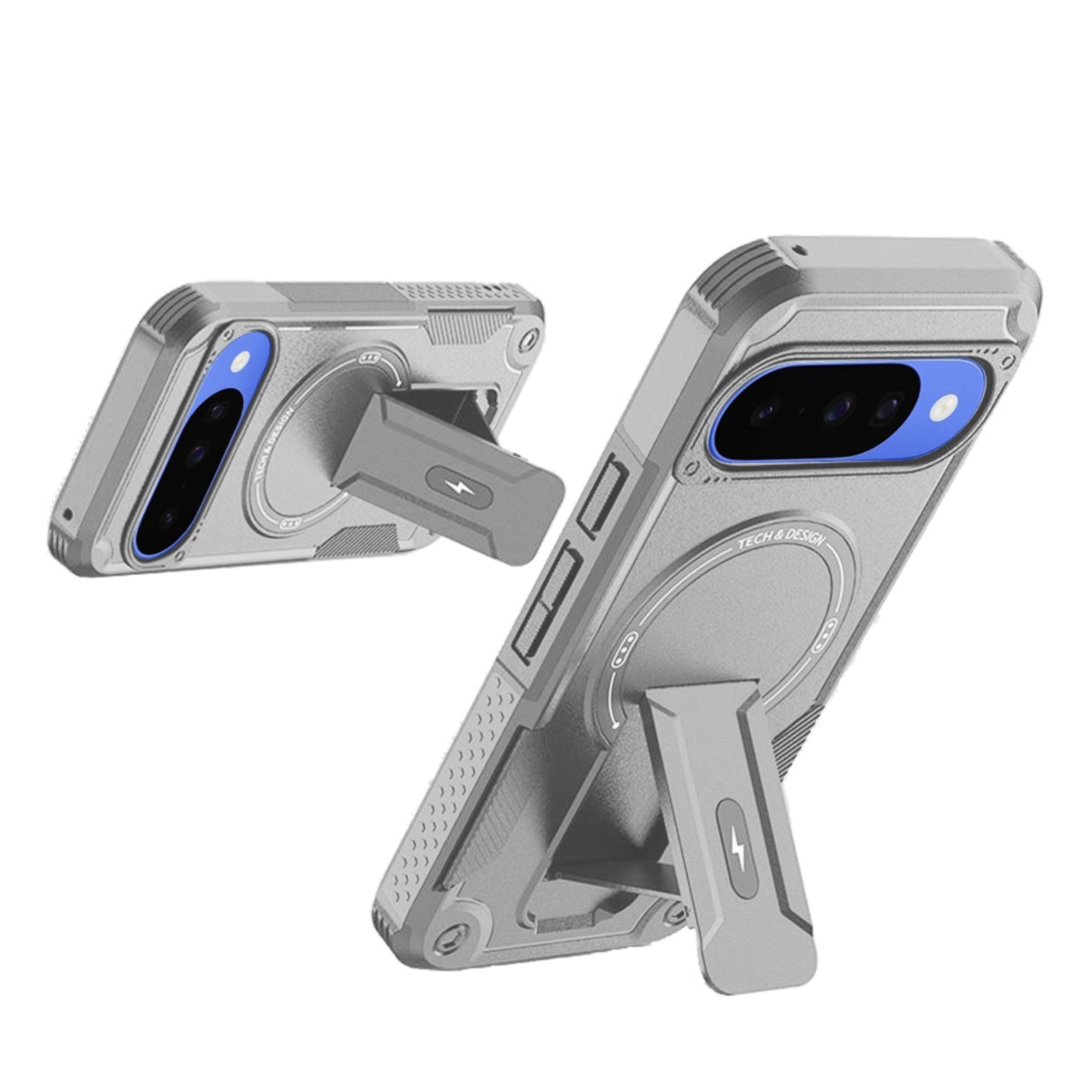 Angle. Kitcheniva - Rugged Kickstand Magnetic Circle Case With Tempered Glass For Google Pixel 10/10 Pro Grey - Grey.