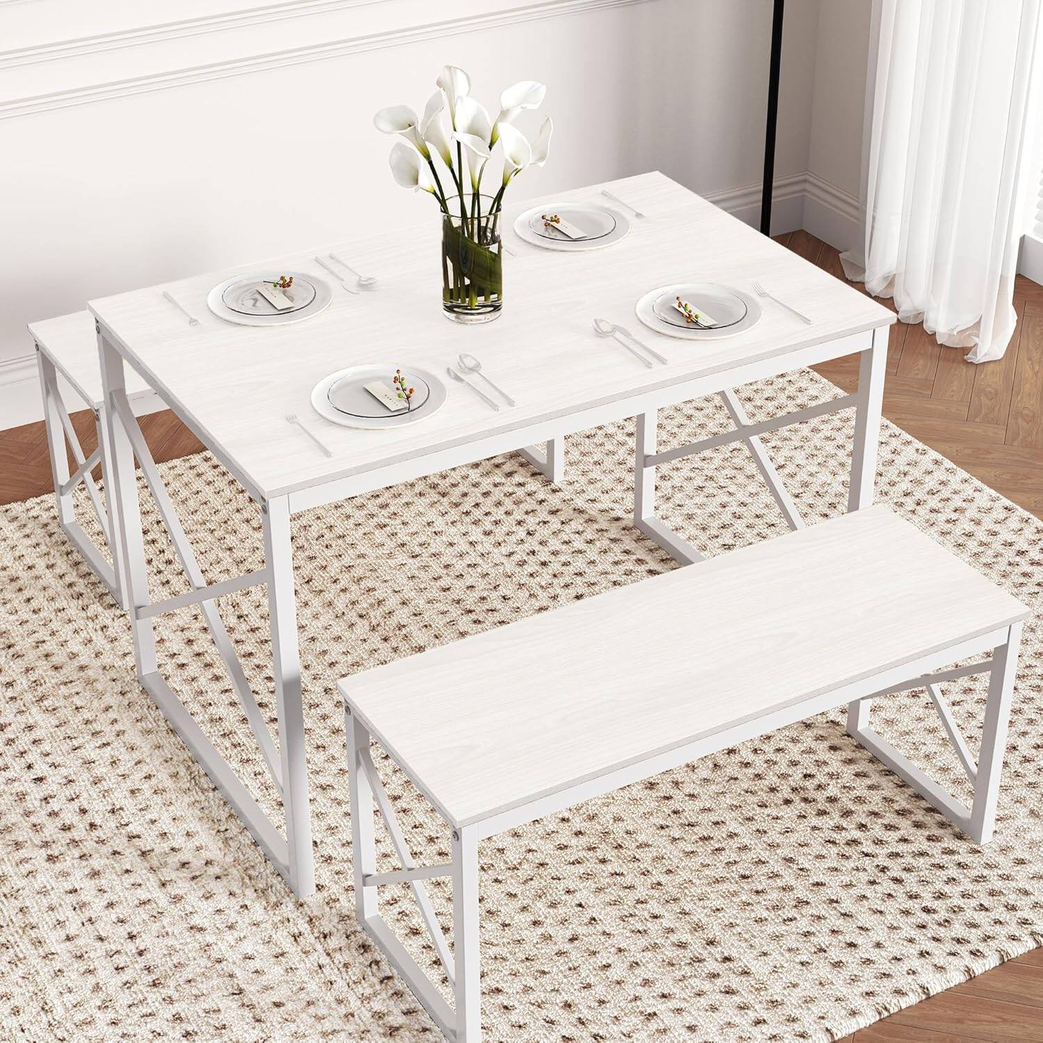 Alt View 2. Vecelo - Dining Set: 43.3" Table & 2 Benches - Space Saving Design, Easy Assembly, Metal Frame, 4-Person Family Dining - White.