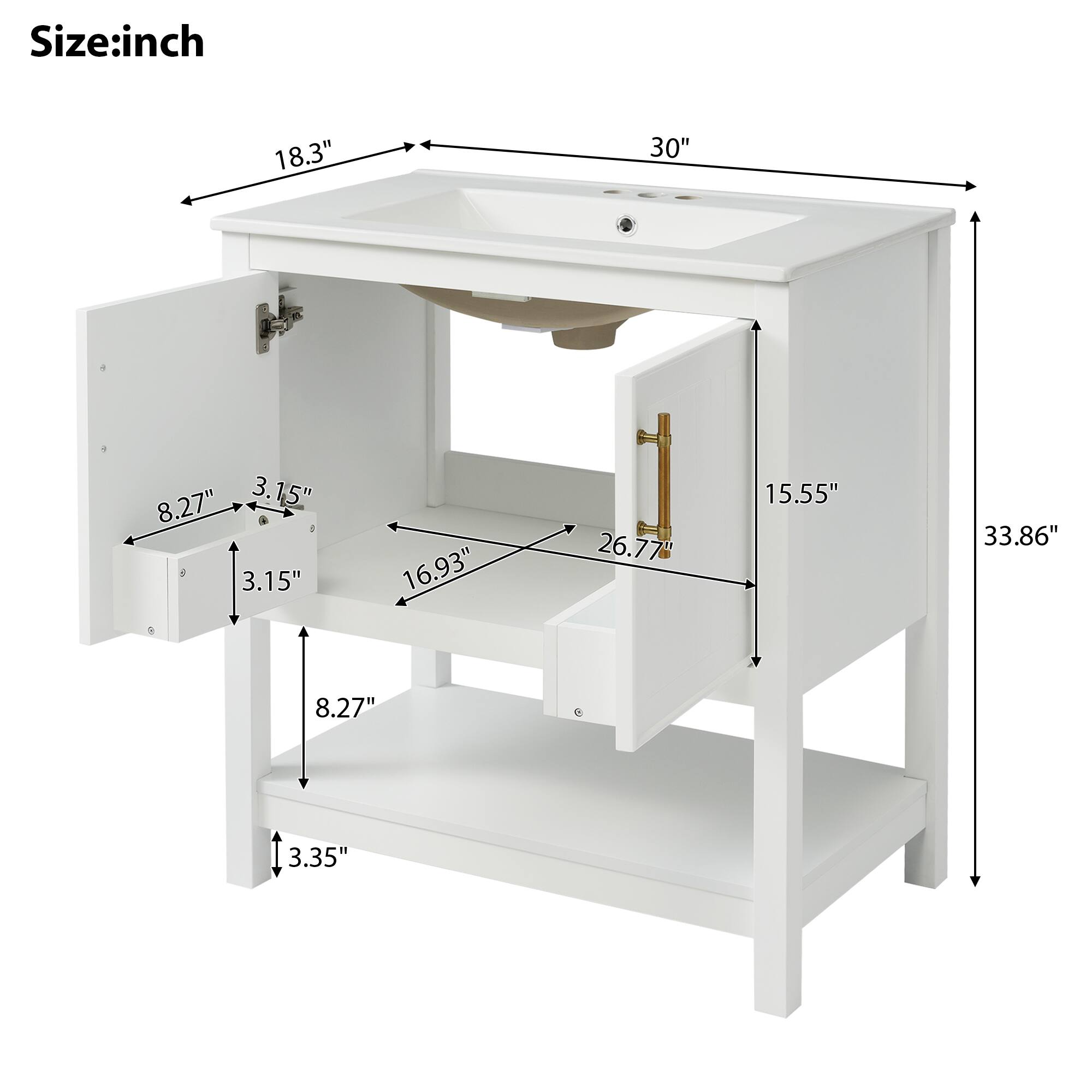 Size: inch  
18.3" 30"  
3.15" 8.27" 3.15" 16.93" 26.77" 15.55" 33.86" 8.27" 3.35"