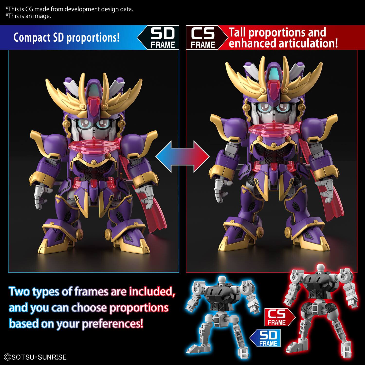 This is an image. This is CG made from development design data. Compact SD proportions! SD FRAME CS Tall proportions and FRAME enhanced articulation! Two types of frames are included, and you can choose proportions based on your preferences! SOTSU-SUNRISE SUNRISE