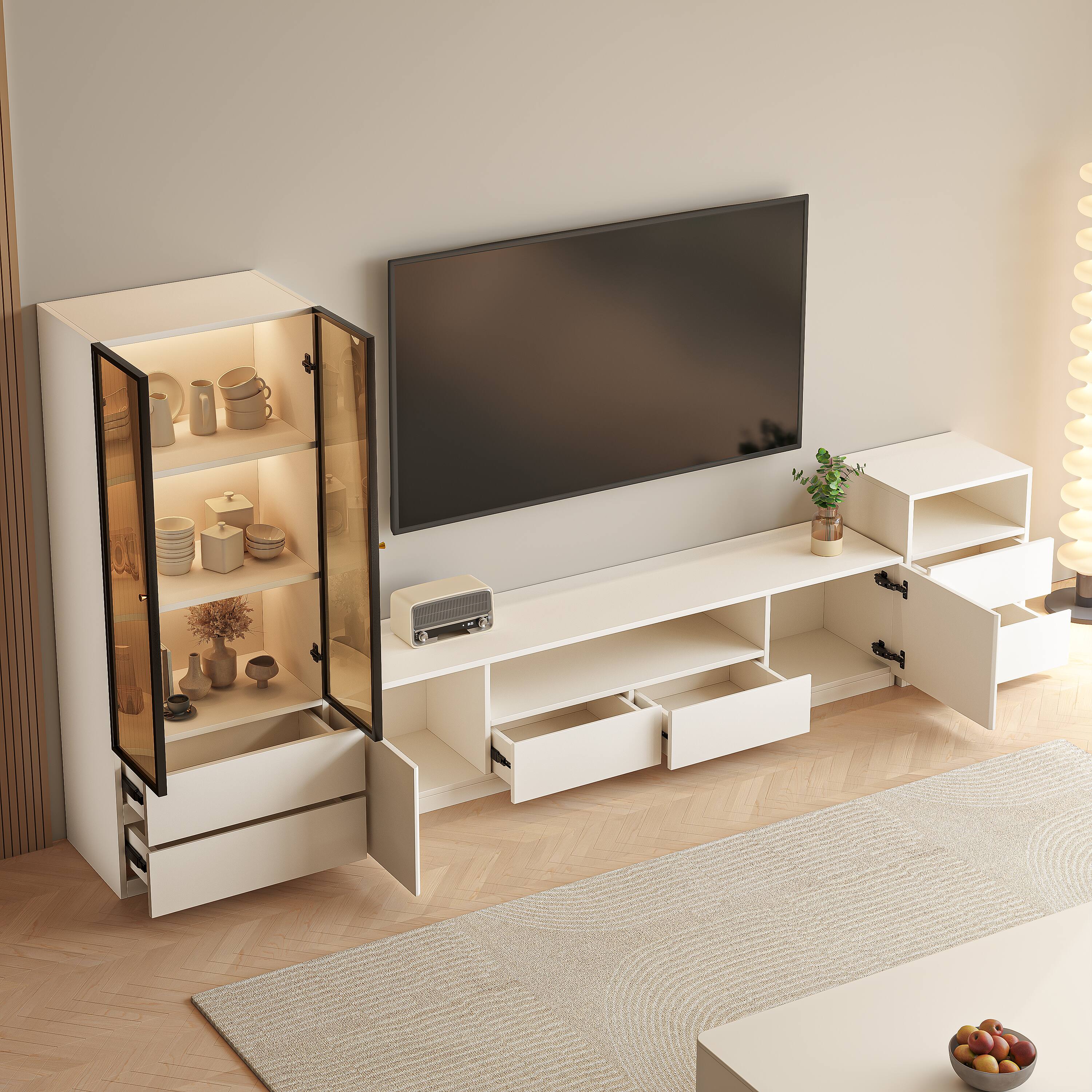 Alt View 2. MSOOB - White 3 Pieces Entertainment Center Set Includes TV Stands, Lighted Glass Display Cabinet And Drawers Cabinet - White.