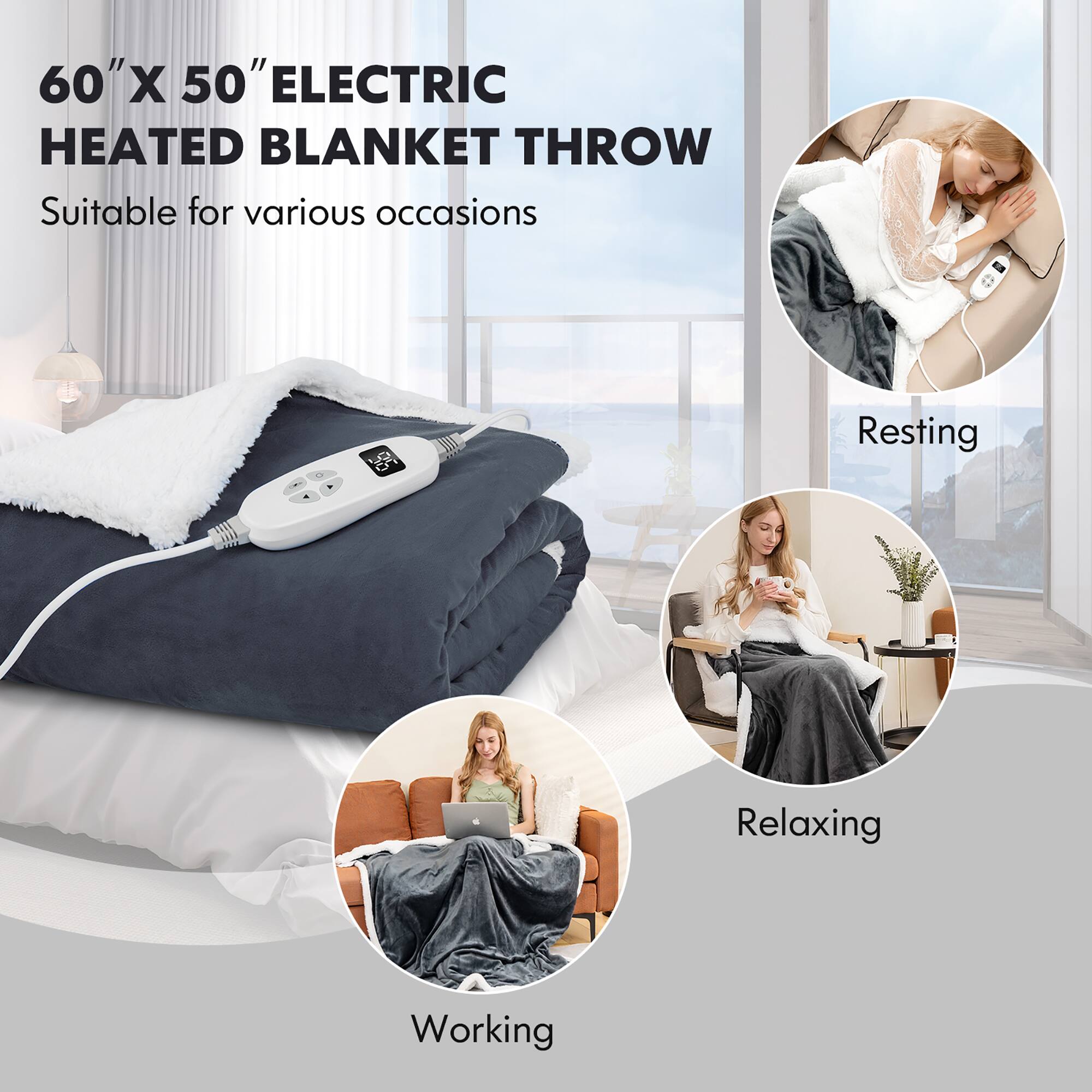 60" x 50" Electric Heated Blanket Throw Suitable for various occasions: Resting, Relaxing, Working.
