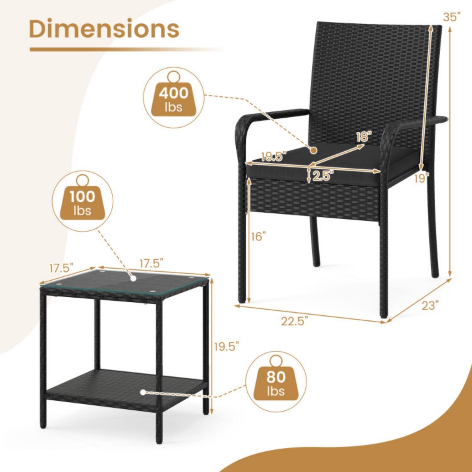 Dimensions:  
- Chair: 35" H, 19.5" W, 22.5" D, 18" Seat Height, 2.5" Armrest Height  
- Table: 17.5" W, 17.5" D, 19.5" H  
- Weight Capacity:  
  - Chair: 400 lbs  
  - Table: 100 lbs  
  - Tray: 80 lbs