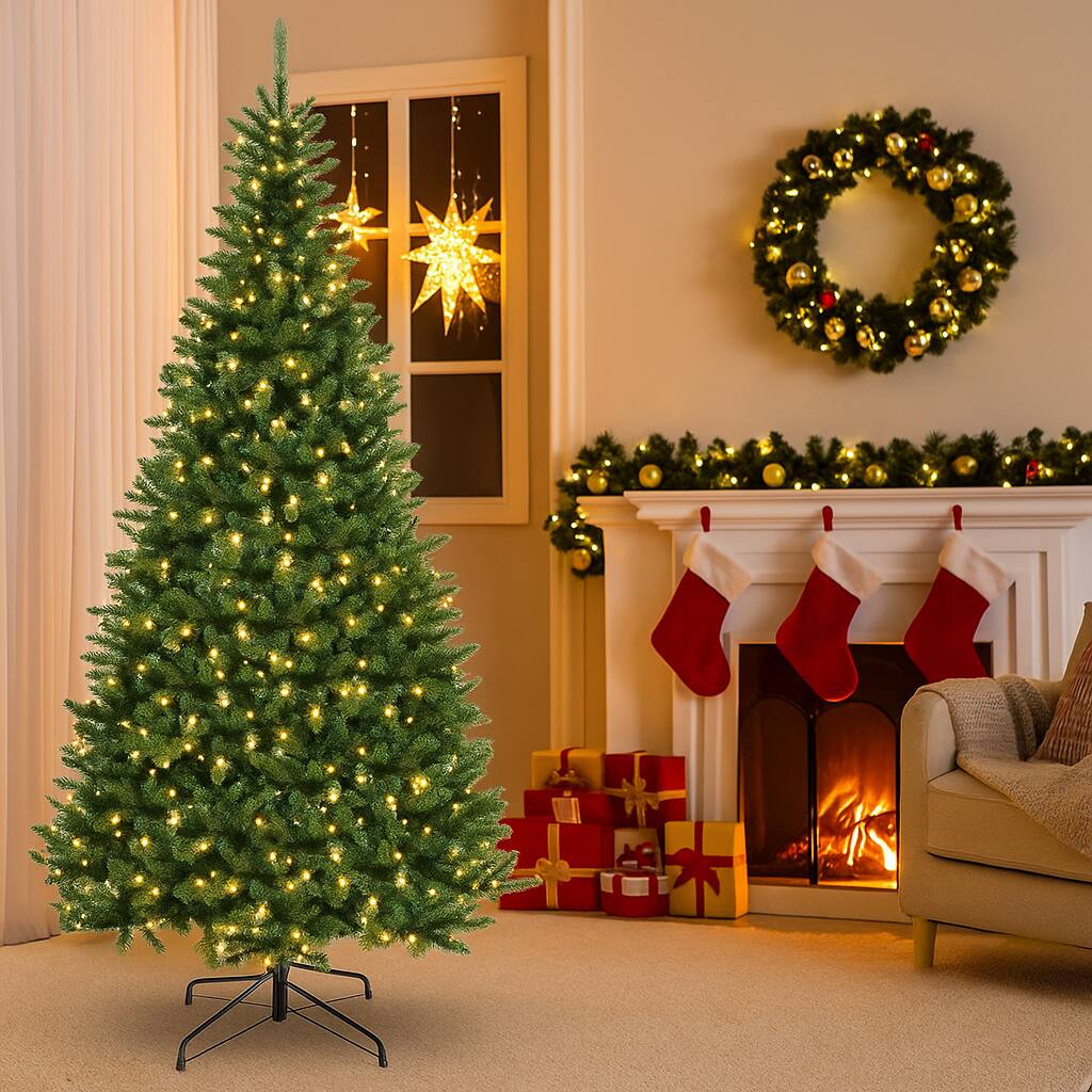 Front. BreeBe - 8FT Artificial Christmas Tree for Corner – 1137 Branch Tips, 360 Warm White LEDs - Green.