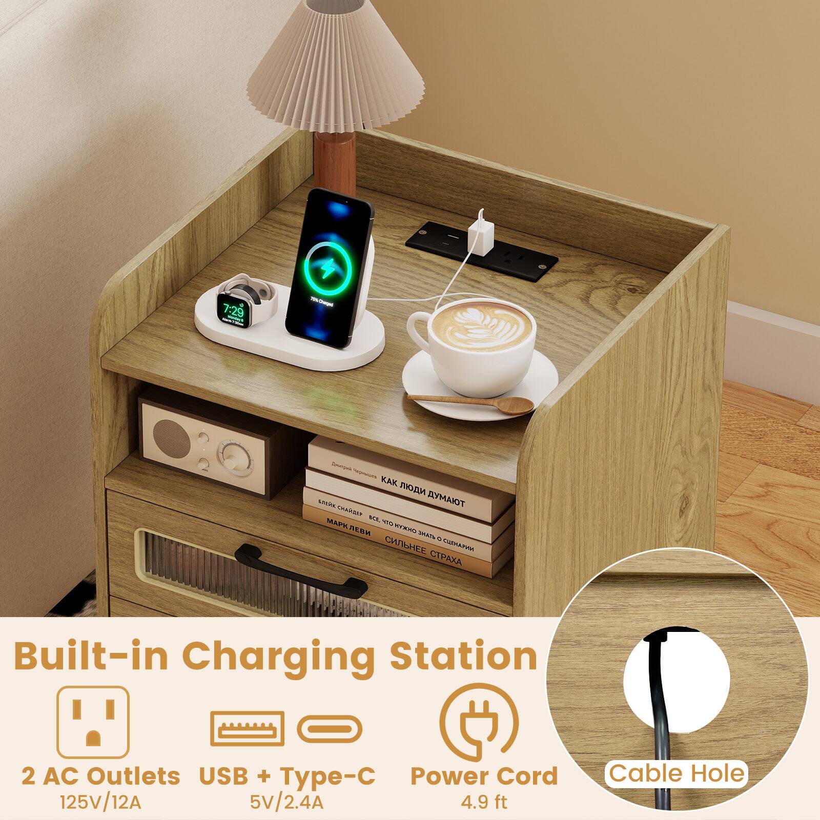 7:29 - Ietoron | KAK MTR TOIAMY AT MA 0 MAPK NAI T S

Built-in Charging Station
2 AC Outlets USB + Type-C
Power Cord 125V/12A 5V/2.4A
Cable Hole 4.9 ft