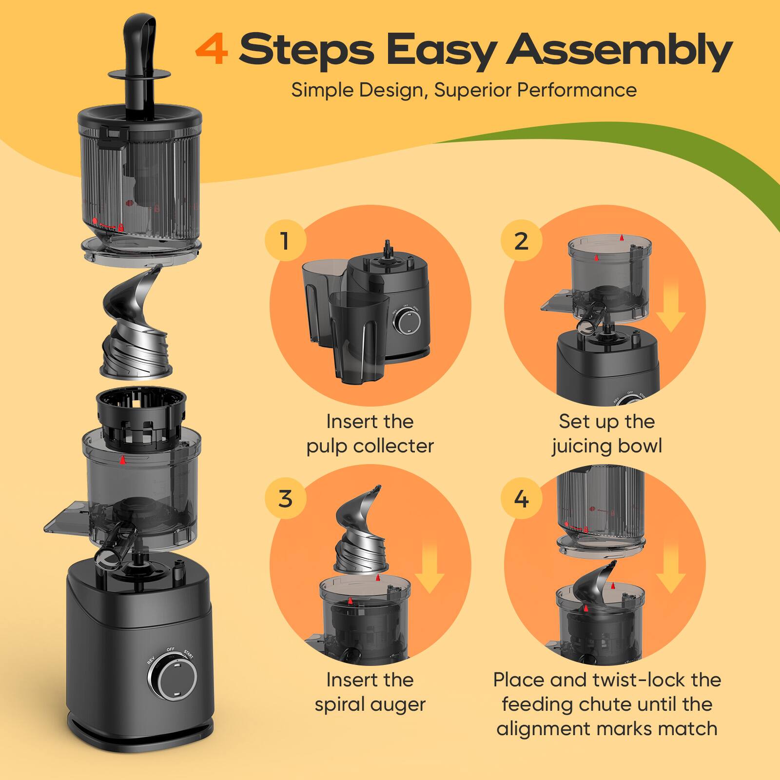 4 Steps Easy Assembly  
Simple Design, Superior Performance

1. Insert the pulp collector
2. Set up the juicing bowl
3. Insert the spiral auger
4. Place and twist-lock the feeding chute until the alignment marks match