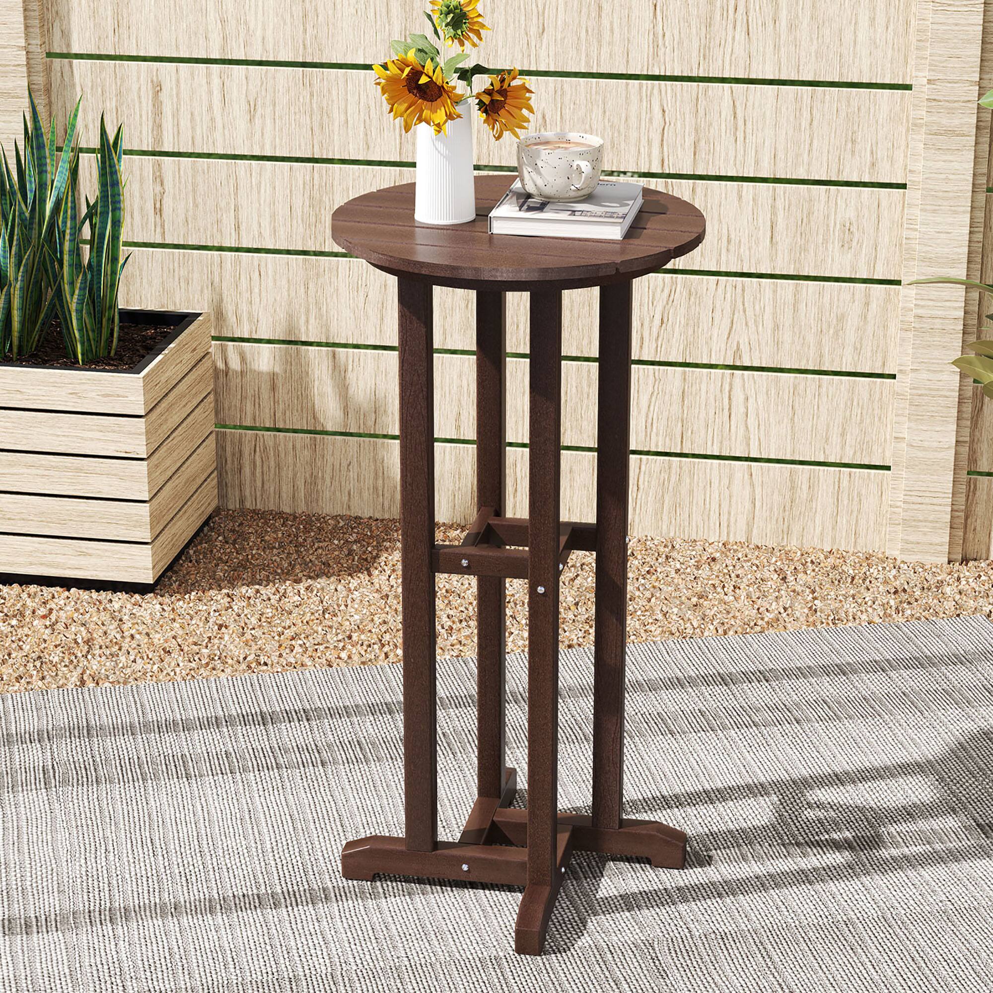 Alt View 1. Gymax - Gymax 21.5'' Round Bar Table Patio HDPE Bar Height Dining Table w/ Slatted Tabletop Brown - Brown.