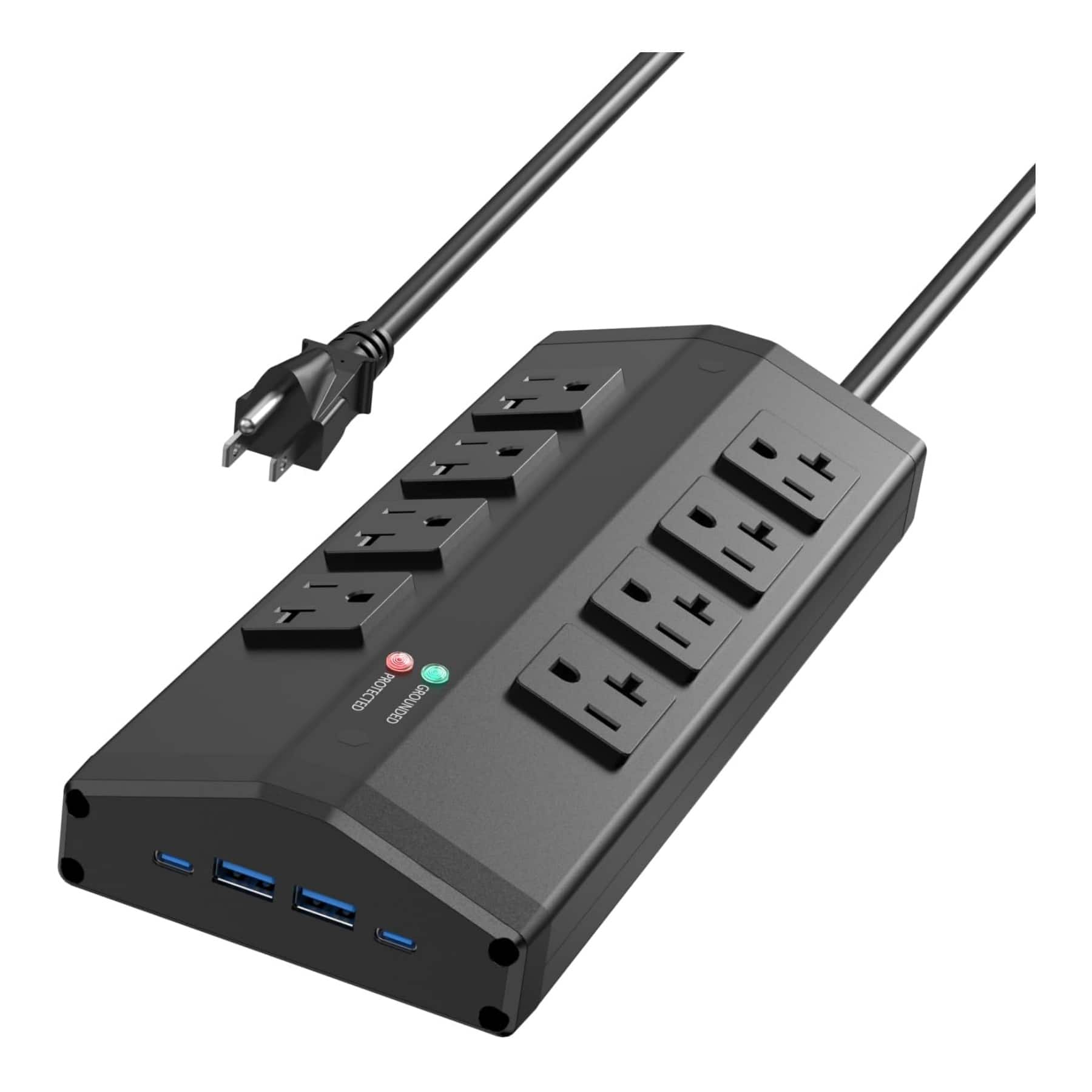 Dazzed Corner - Heavy Duty Power Strip with 8 Outlets and 4 USB Ports, 6 FT Extension Cord - Black