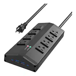 Dazzed Corner - Heavy Duty Power Strip with 8 Outlets and 4 USB Ports, 6 FT Extension Cord - Black
