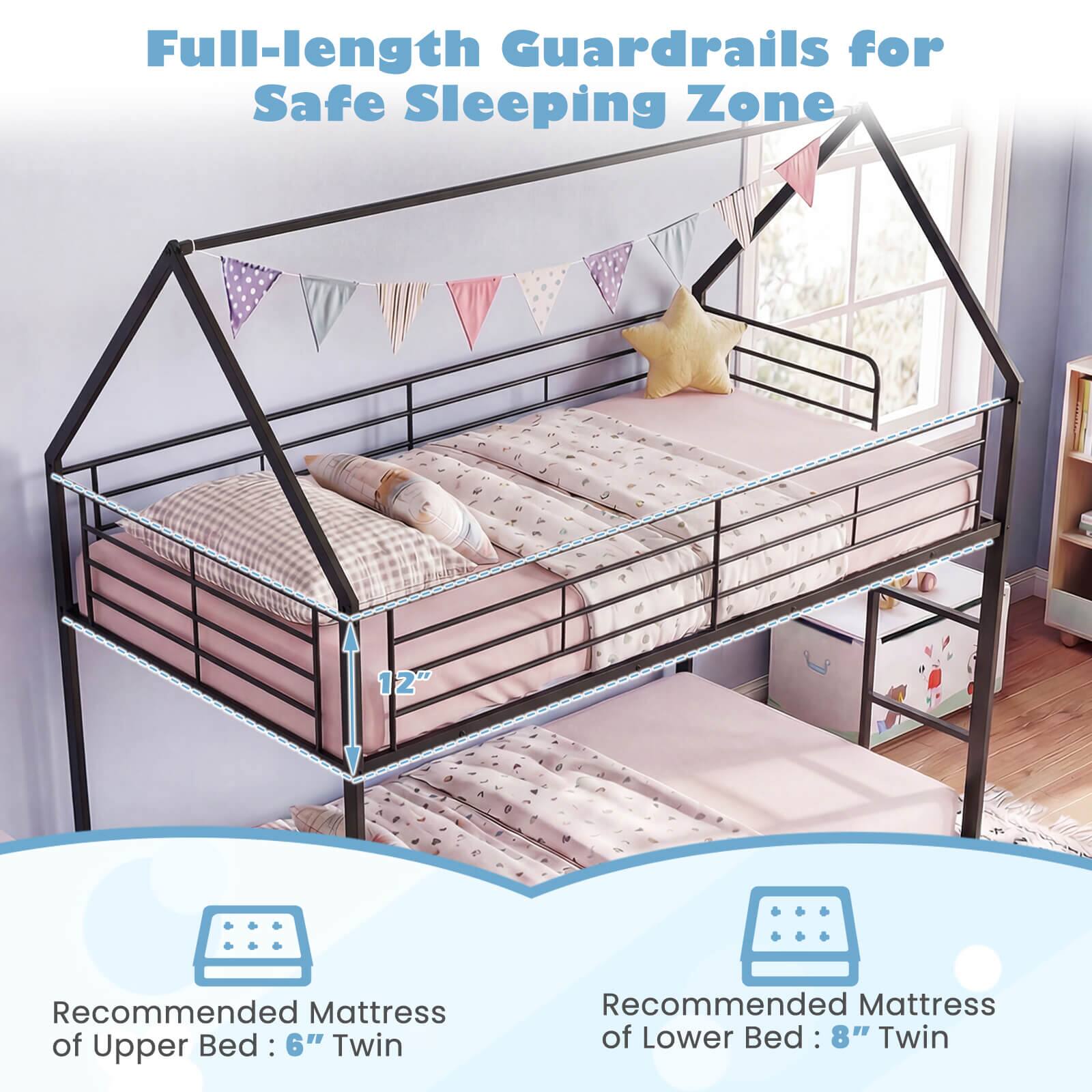 Full-length Guardrails for Safe Sleeping Zone

Recommended Mattress of Upper Bed: 6" Twin

Recommended Mattress of Lower Bed: 8" Twin