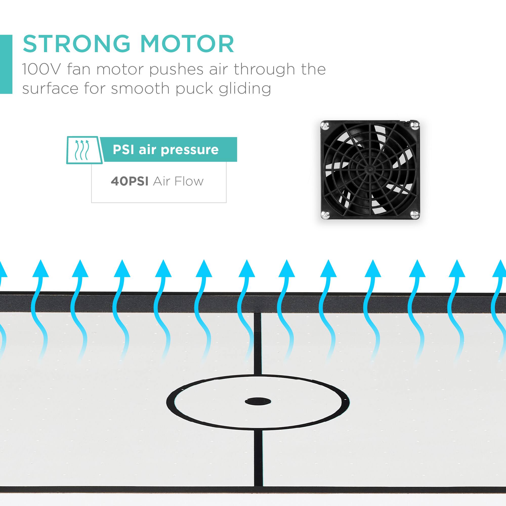 STRONG MOTOR  
100V fan motor pushes air through the surface for smooth puck gliding  

PSI air pressure  
40PSI Air Flow