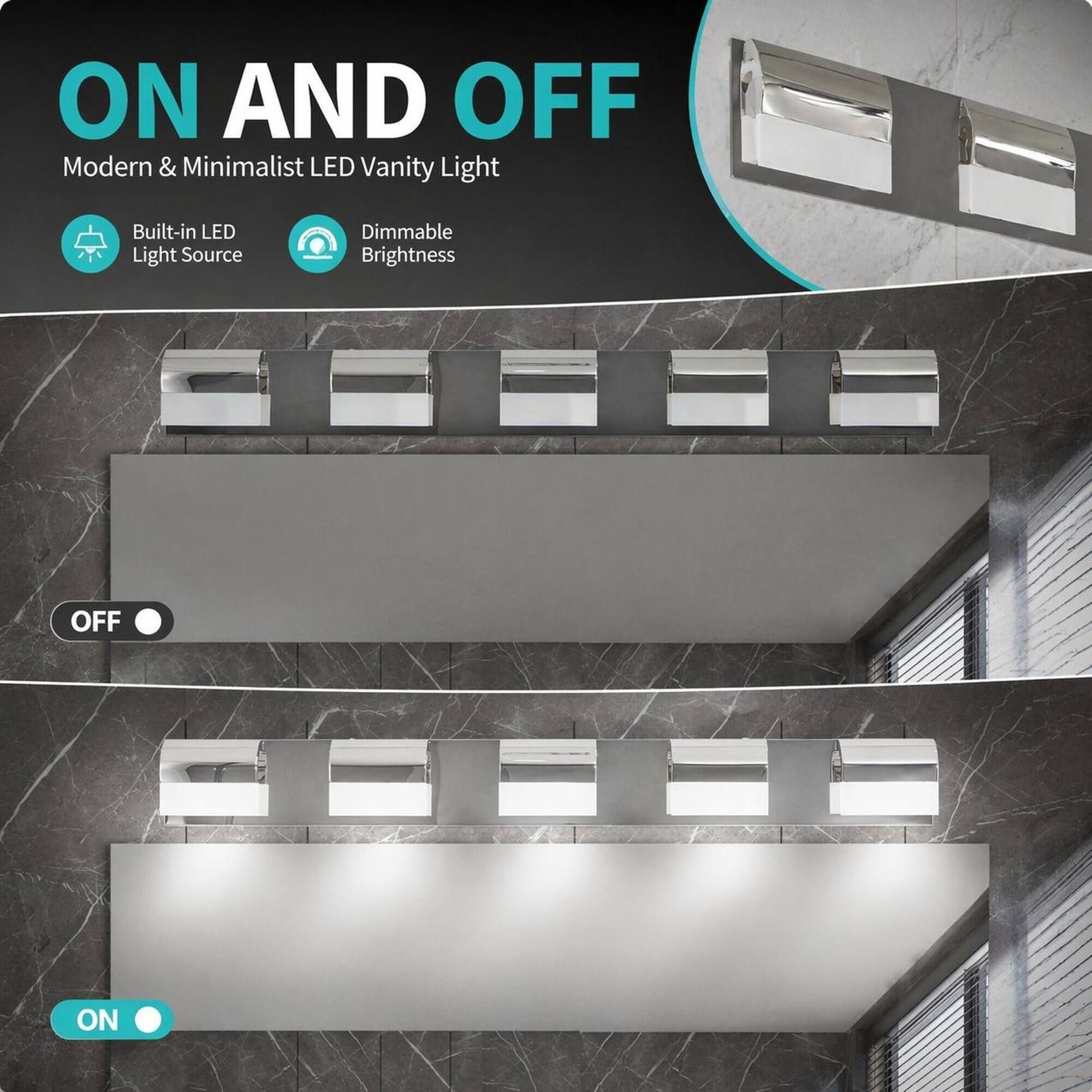 ON AND OFF  
Modern & Minimalist LED Vanity Light  
Built-in LED Light Source  
Dimmable Brightness  
OFF  
ON