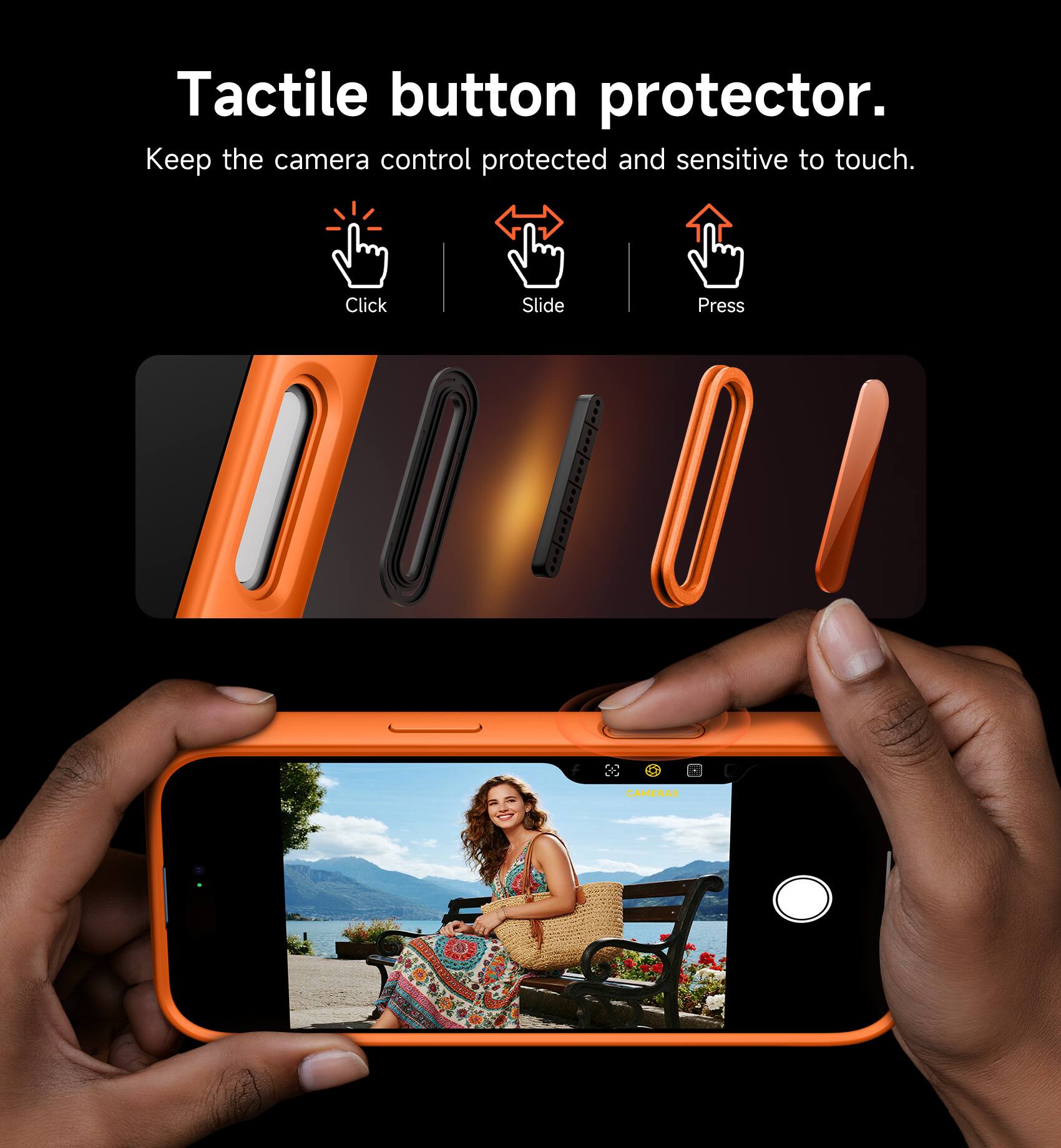 Tactile button protector.  
Keep the camera control protected and sensitive to touch.  
Click Slide Press CAMERAS