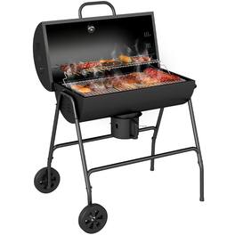 Outsunny - Barrel Charcoal BBQ Grill with 420 sq.in. Cooking Area, Outdoor Barbecue with Wheels - Black