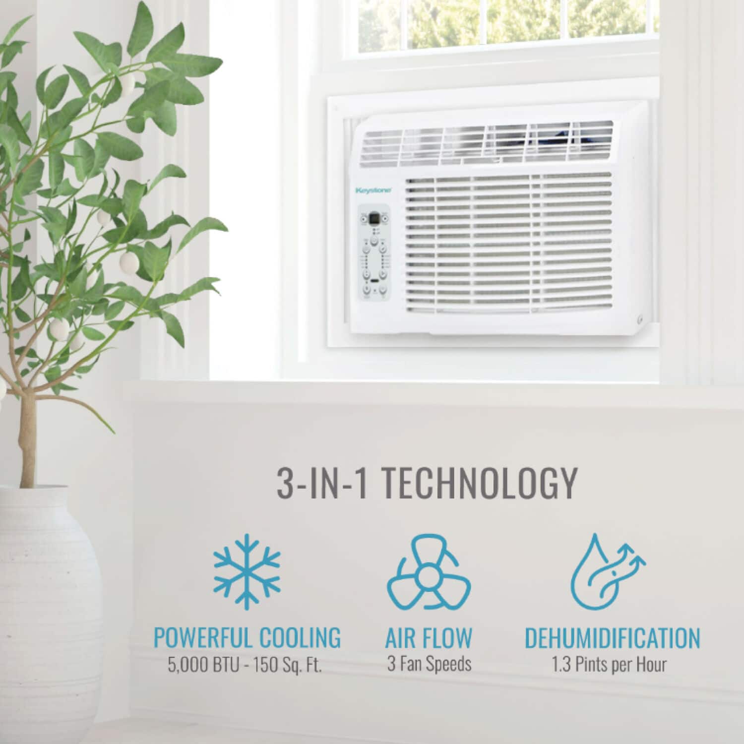 Panystone 3-IN-1 TECHNOLOGY: Powerful Cooling (5,000 BTU - 150 Sq. Ft.), Air Flow, Dehumidification (3 Fan Speeds), 1.3 Pints per Hour.