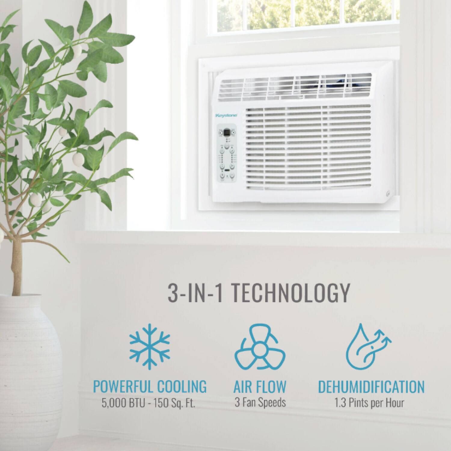 Panystone 3-IN-1 TECHNOLOGY: Powerful Cooling (5,000 BTU - 150 Sq. Ft.), Air Flow, Dehumidification (3 Fan Speeds), 1.3 Pints per Hour.