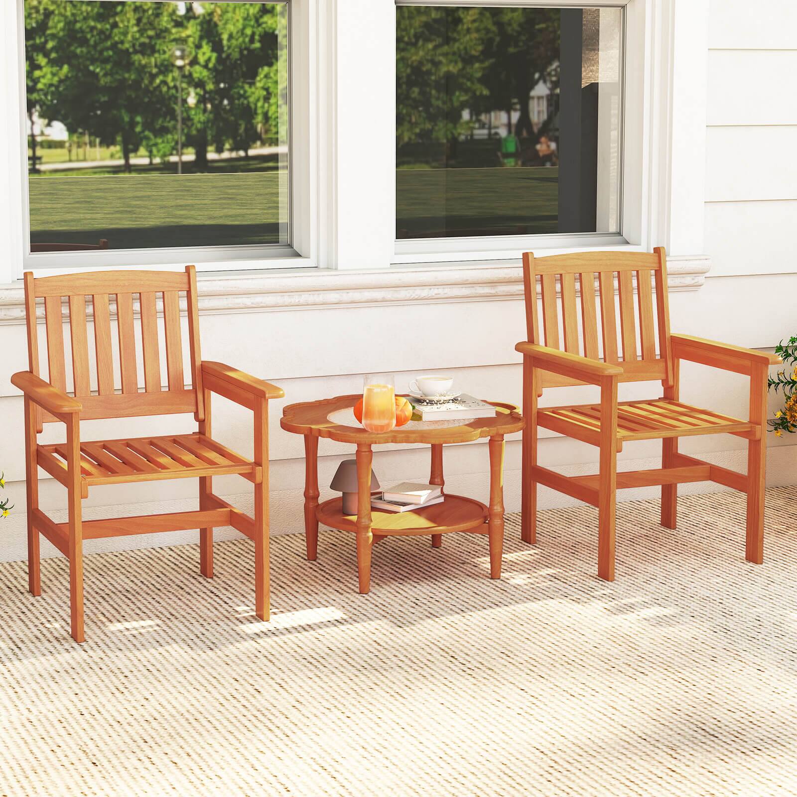 Alt View 5. Costway - Costway Patio Chairs Set of 2 Outdoor Wooden Dining Chairs with Inclined Backrests - Natural.