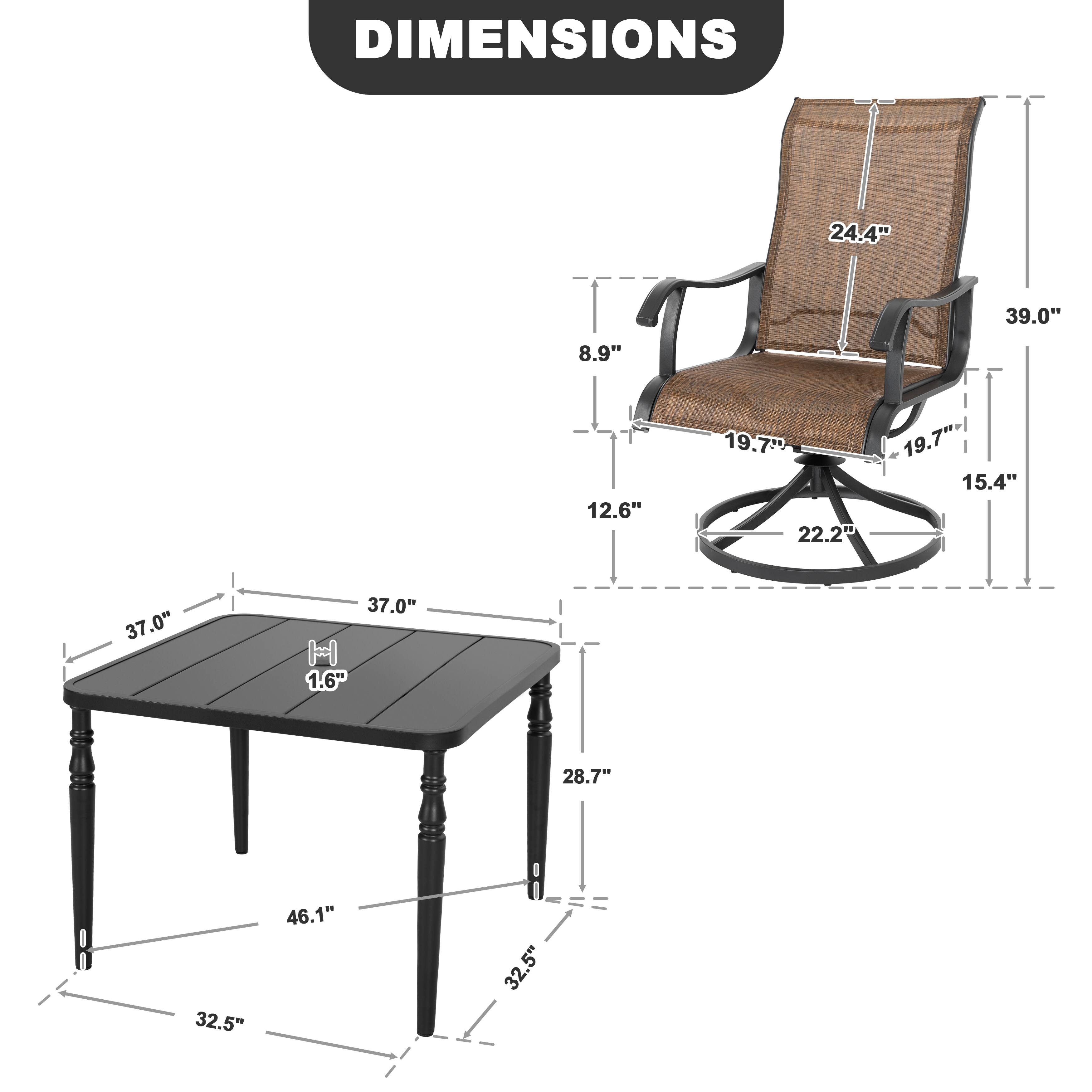 DIMENSIONS

- 24.4"
- 39.0"
- 8.9"
- 12.6"
- 19.7"
- 22.2"
- 19.7"
- 15.4"
- 37.0"
- 37.0" H
- 1.6"
- 28.7"
- 32.5"
- 46.1"
- 32.5"