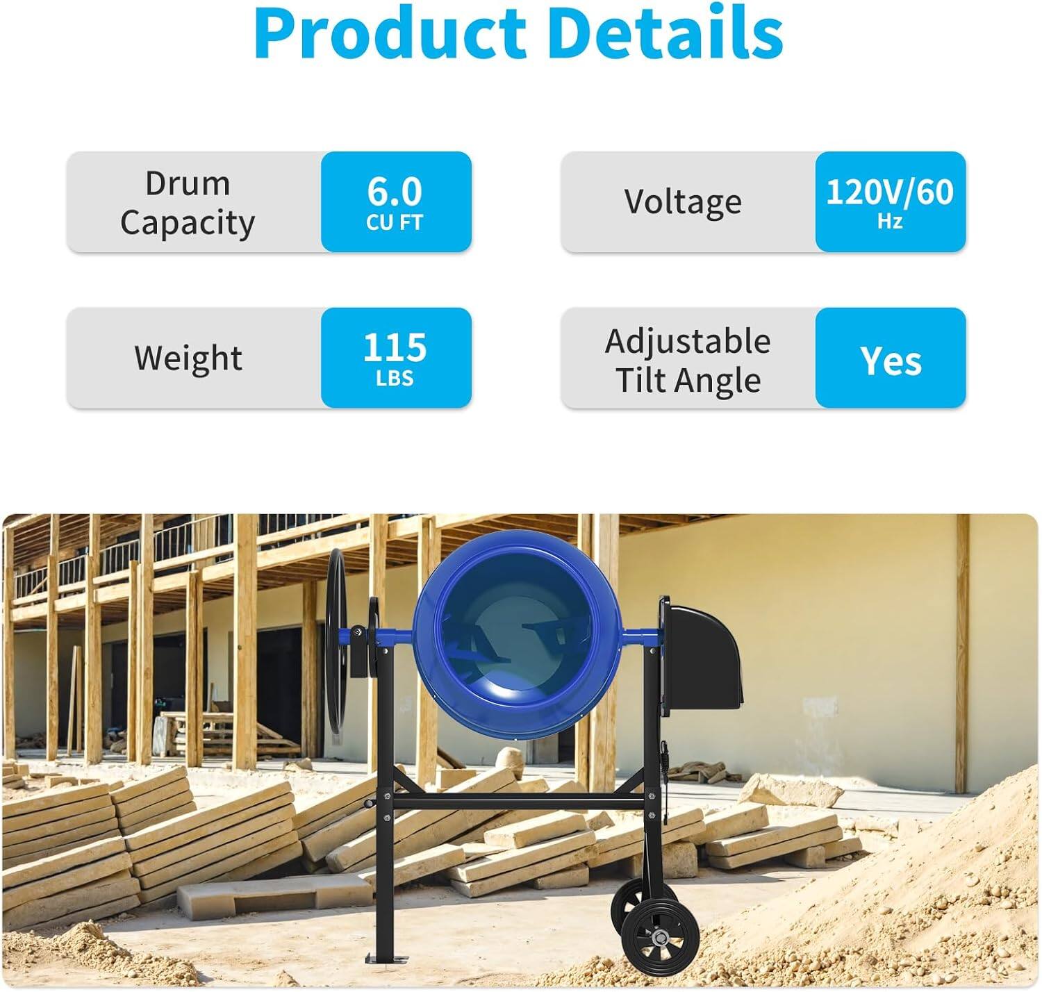 Product Details

- Drum Capacity: 6.0 CU FT
- Voltage: 120V/60 Hz
- Weight: 115 LBS
- Adjustable Tilt Angle: Yes