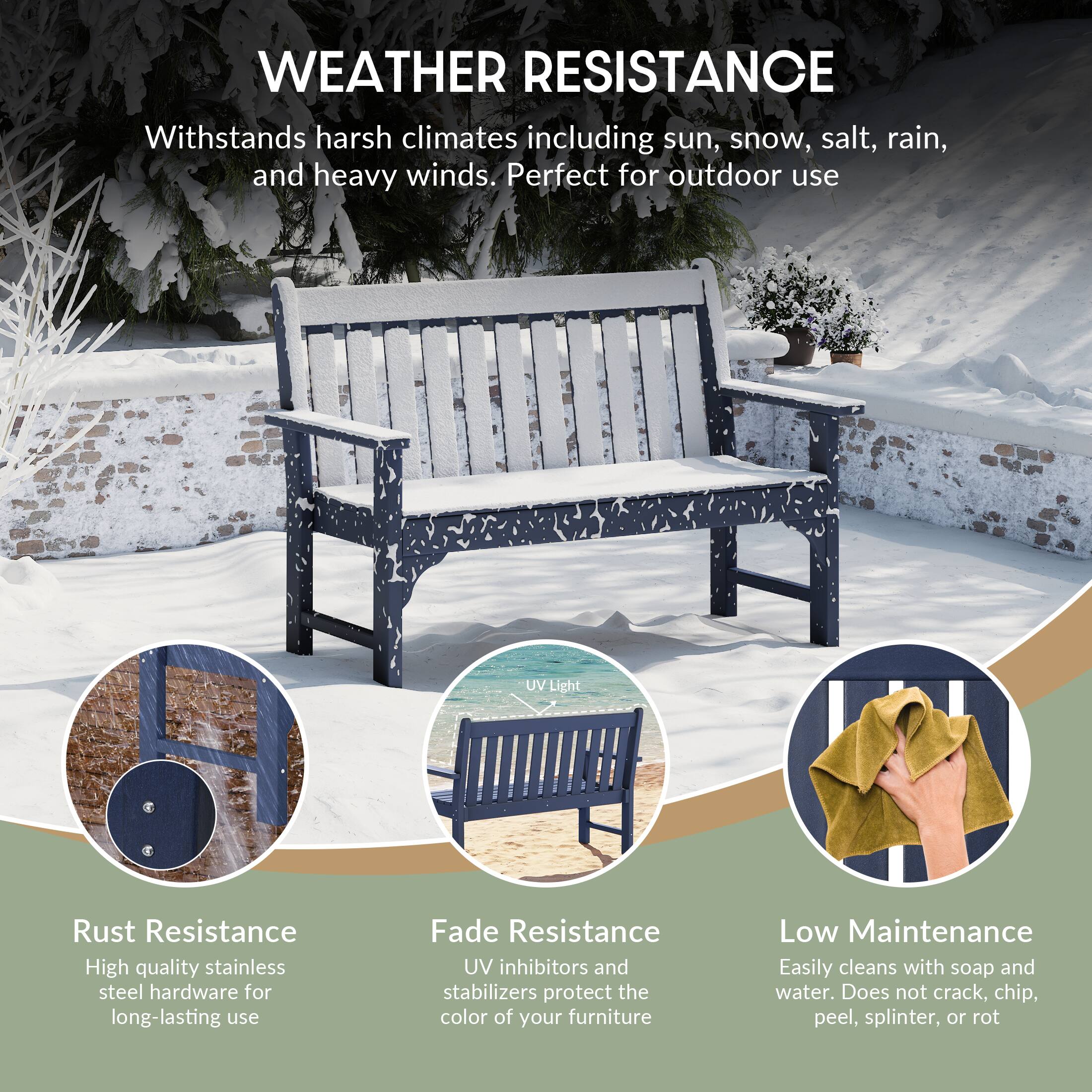 WEATHER RESISTANCE  
Withstands harsh climates including sun, snow, salt, rain, and heavy winds. Perfect for outdoor use

UV V Light

Rust Resistance  
High quality stainless steel hardware for long-lasting use

Fade Resistance  
UV inhibitors and stabilizers protect the color of your furniture

Low Maintenance  
Easily cleans with soap and water. Does not crack, chip, peel, splinter, or rot