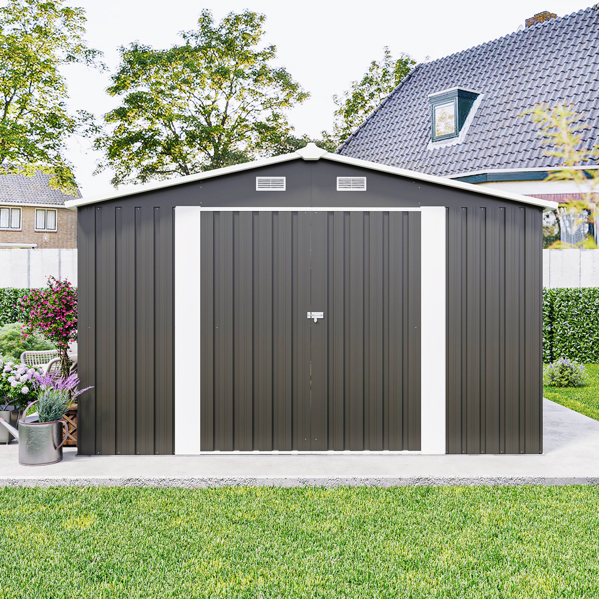 Back. Mondawe - 10×14 FT Outdoor Storage Shed with 3 Lockable Doors,4 Air Vents & Sloped Roof - Dark Gray.