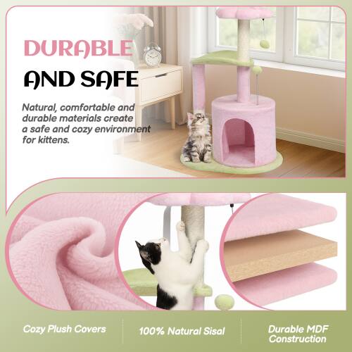 DURABLE AND SAFE

Natural, comfortable and durable materials create a safe and cozy environment for kittens.

Cozy Plush Covers  
100% Natural Sisal  
Durable MDF Construction