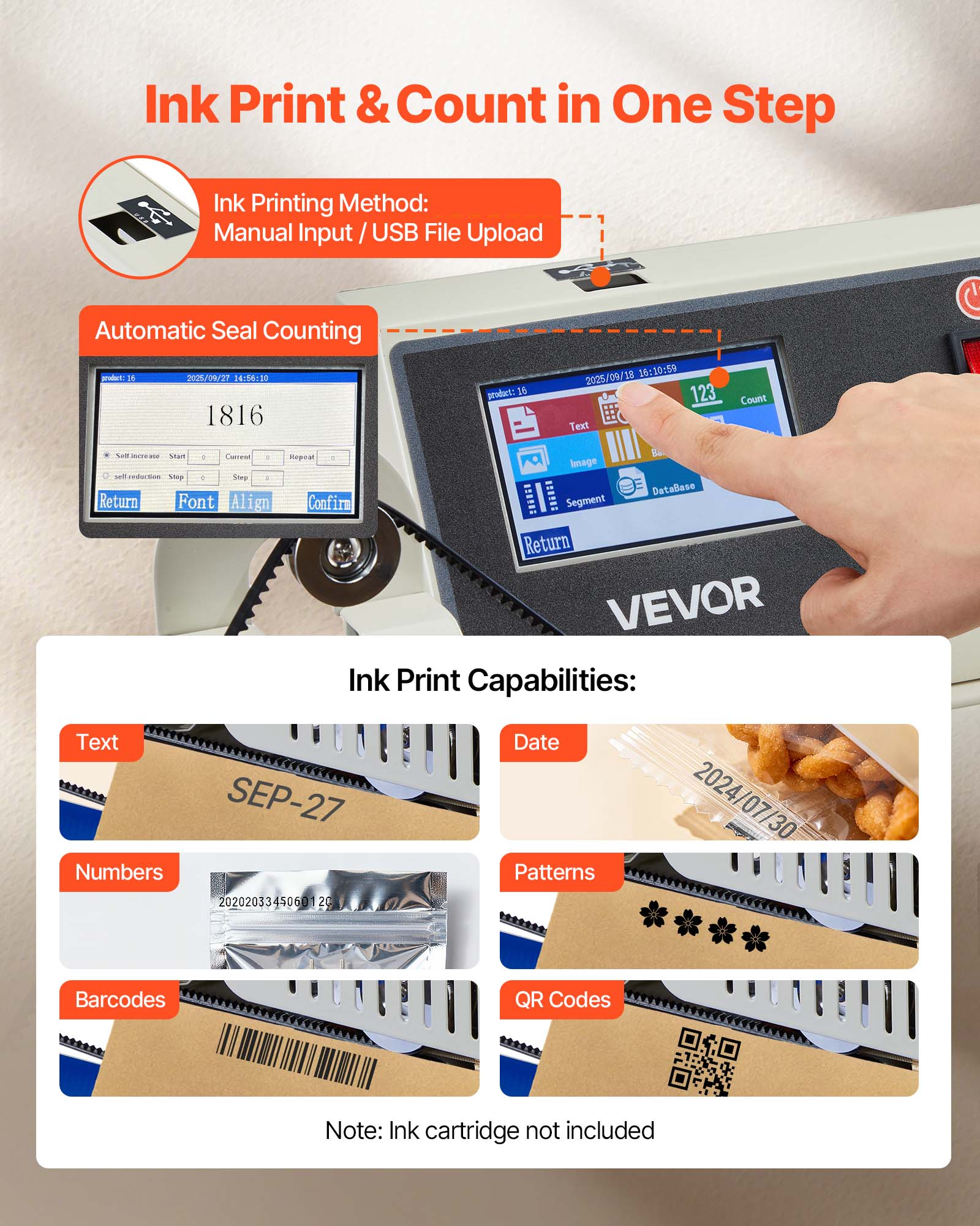 Ink Print & Count in One Step

Ink Printing Method: Manual Input / USB File Upload

Automatic Seal Counting
product: 16
2025/09/27 14:56:10 1816
product: 16
2025/09/18 16:10:59 123

Ink Print Capabilities:
- Text
- Date
- Numbers
- Patterns
- Barcodes
- QR Codes

Note: Ink cartridge not included