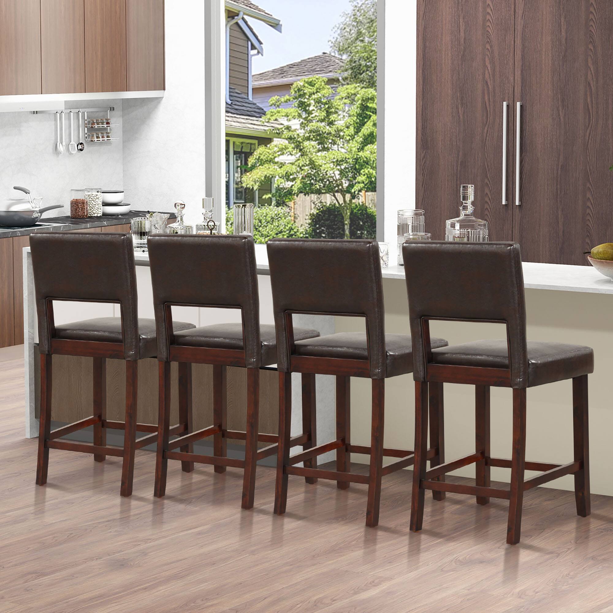 Alt View 5. Gymax - Gymax 4-Piece PVC Leather Counter Height Bar Stool Set w/ Back & Rubber Wood Legs Brown - Brown.