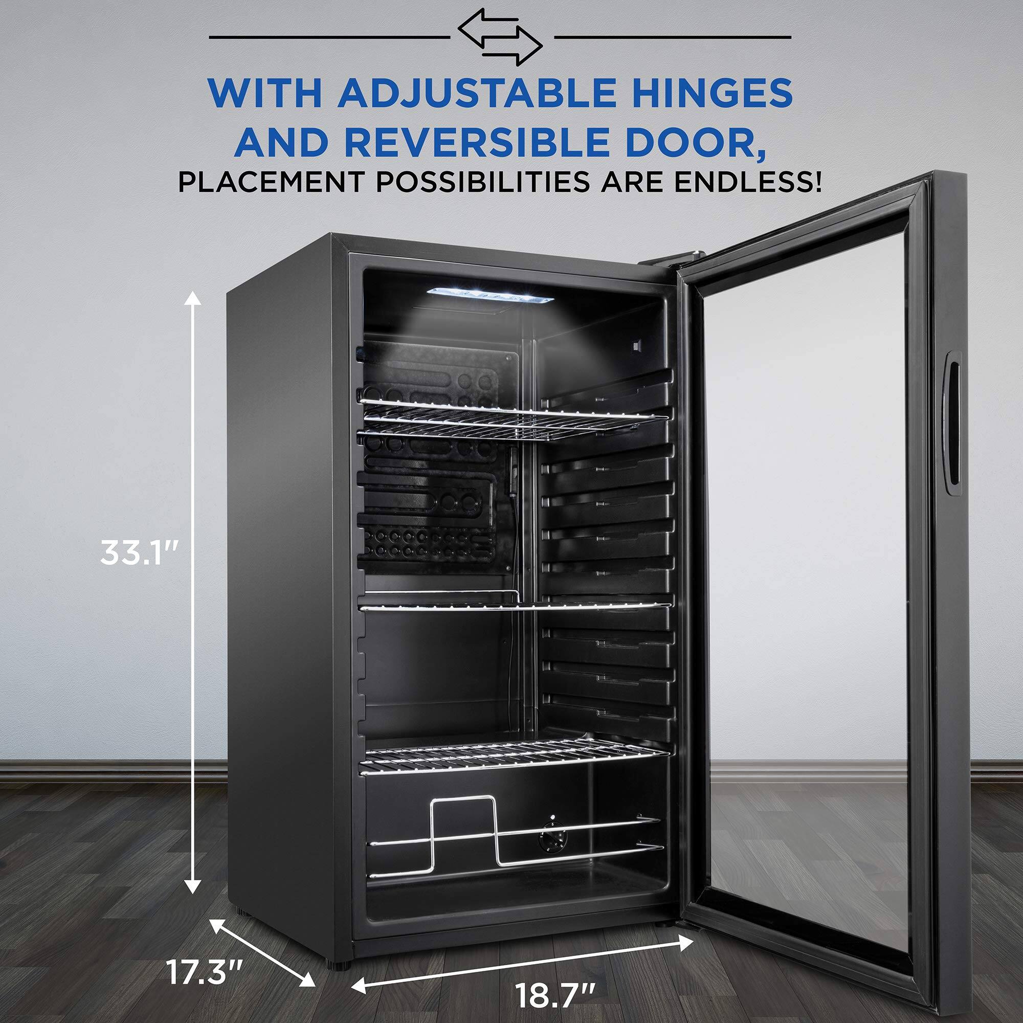 WITH ADJUSTABLE HINGES AND REVERSIBLE DOOR, PLACEMENT POSSIBILITIES ARE ENDLESS!

33.1"  
17.3"  
18.7"