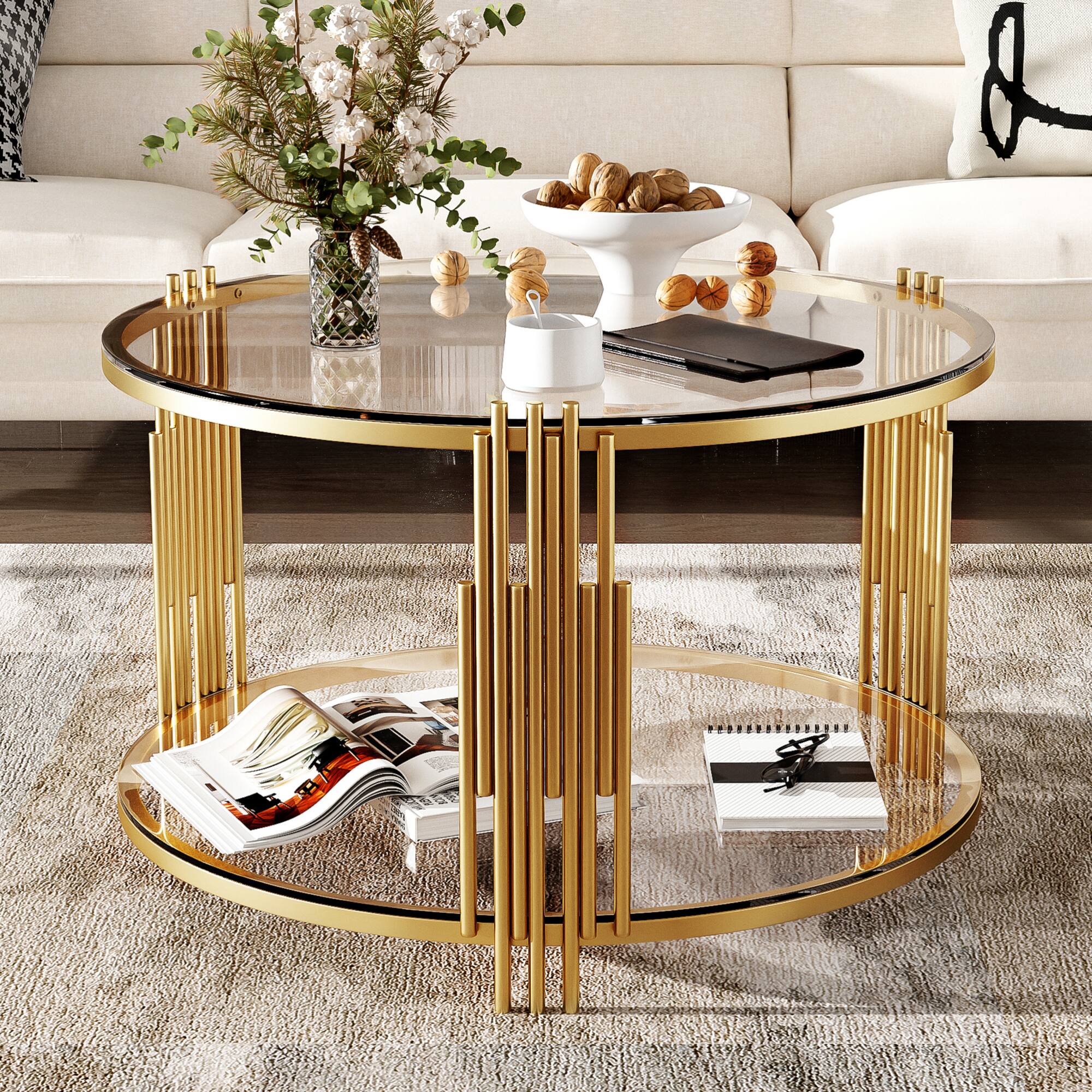Front. GOODSILO - Contemporary Glass Coffee Table with Asymmetrical Metal Base and Lower Shelf - Transparent.