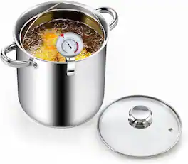 Cook N Home - Deep Fryer Pot, 5-Qt Japanese Tempura Deep Frying Pot, 304 S/S w/Temperature Control and Oil Drip Rack, Glass Lid - Stainless Steel