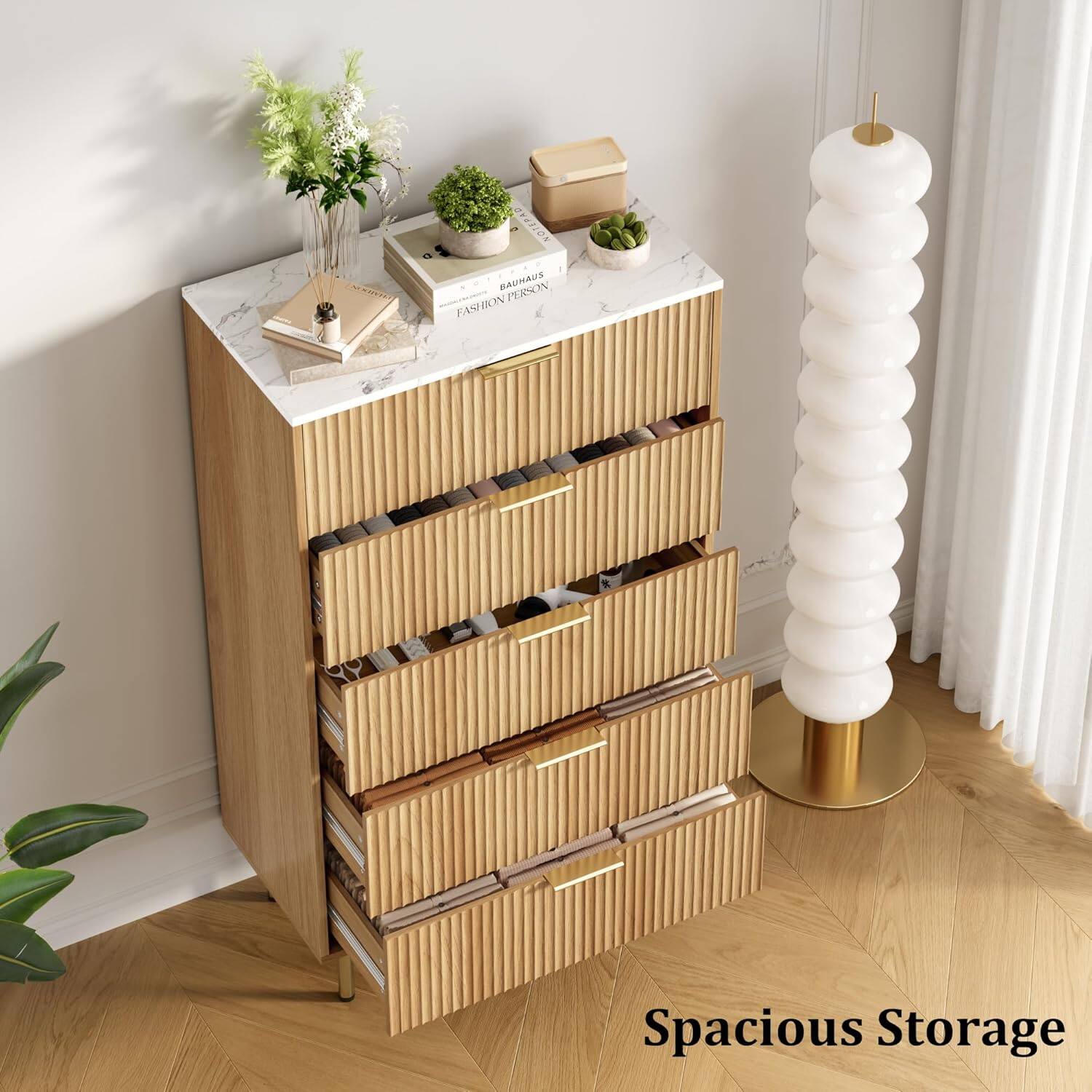 GARVEE Fluted 5 Drawer Dresser for Bedroom, Tall Chest with Faux Marble ...