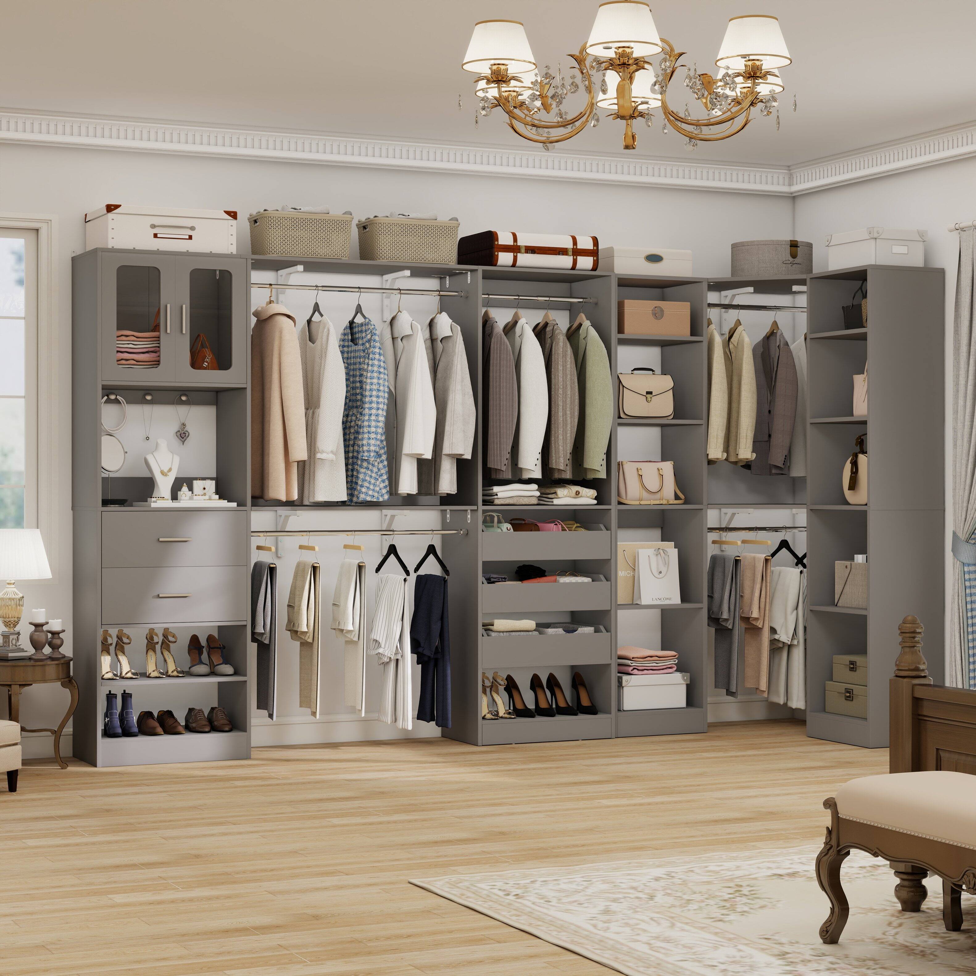 Left. Aheaplus - 100'' Large Walk-in Closet Organizer System with Drawers, Hanging Rods and 20 Shelves for Storage, 3 Sets - Gray.