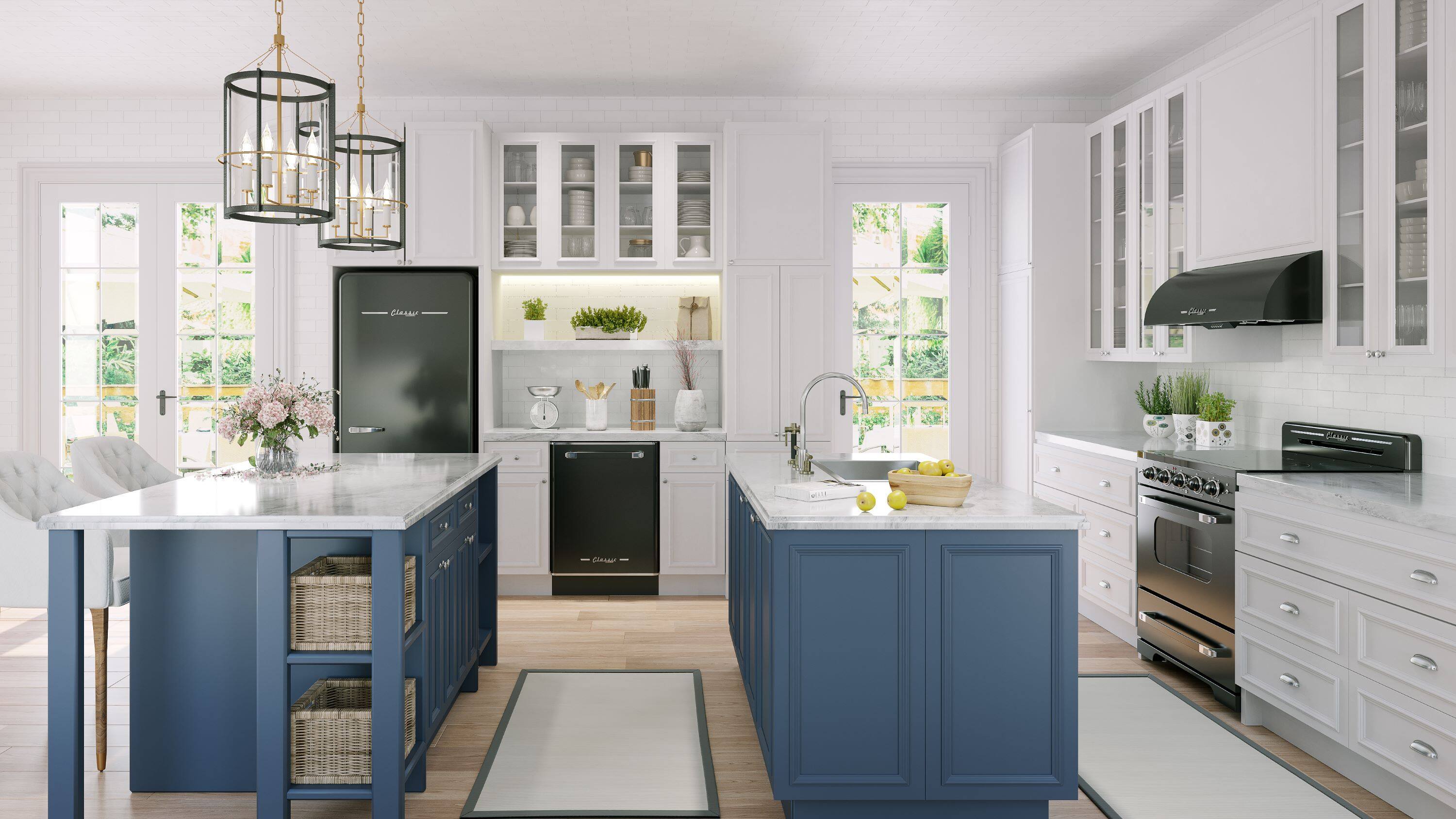 The image features a large, clean, and modern kitchen with blue cabinets and white countertops. The kitchen is equipped with a stove, oven, sink, and refrigerator. There are also several potted plants, vases, and bottles scattered throughout the space. The kitchen also has a dining table and chairs, as well as a TV mounted on the wall. The overall atmosphere of the kitchen is bright and inviting, with a focus on functionality and aesthetics.