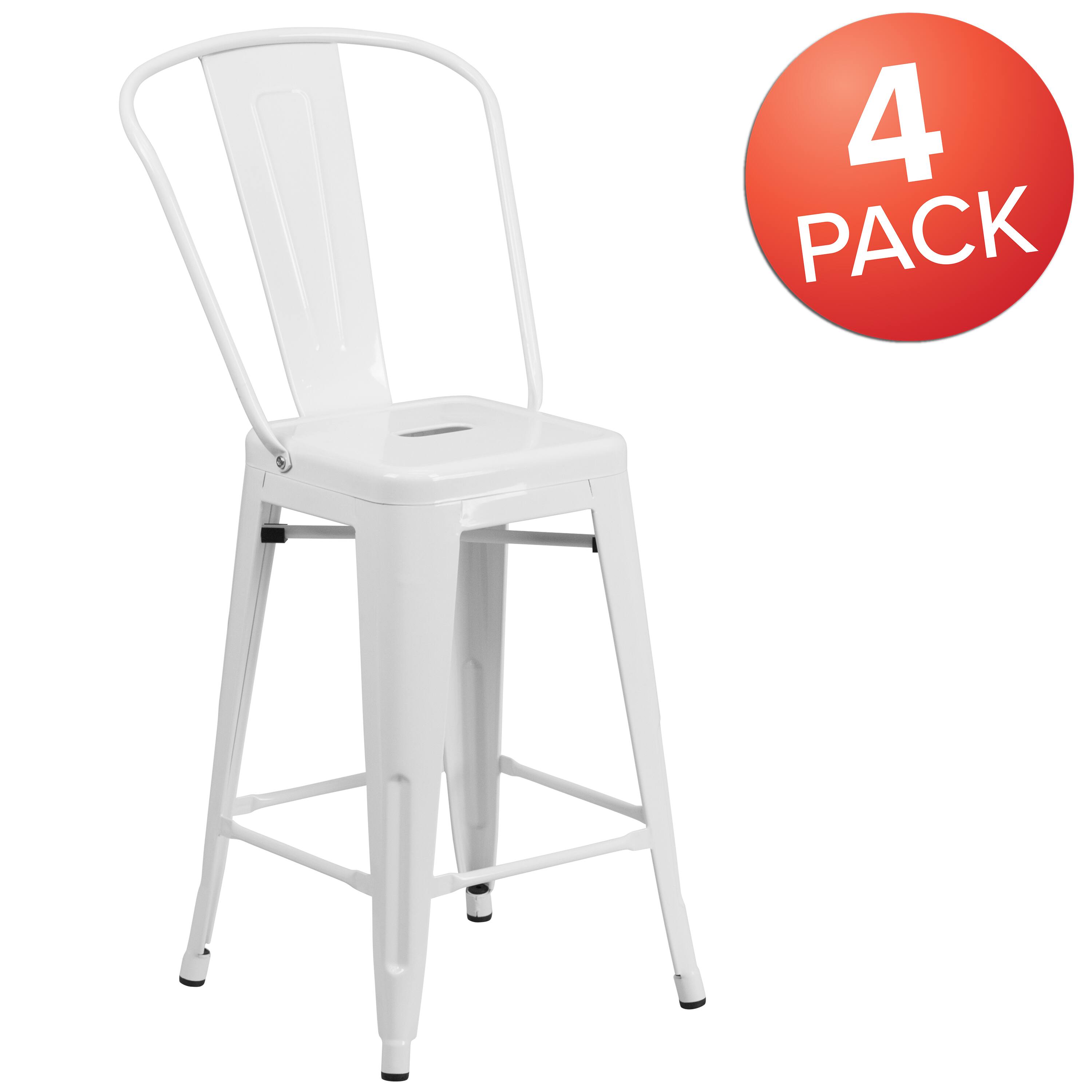 Alt View 1. Emma + Oliver - Commercial Grade 4 Pack 24" High Metal Indoor-Outdoor Counter Height Stool with Back - White.